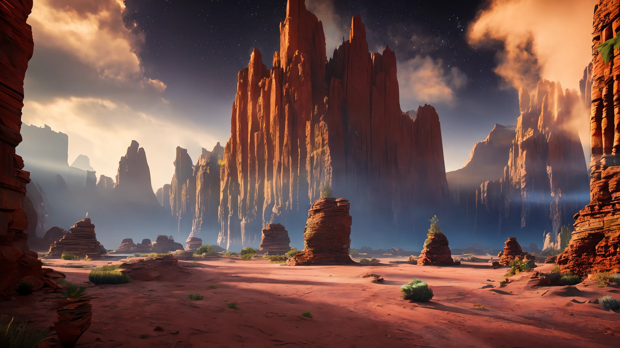a photorealistic landscape of a multiverse, with a surreal color scheme and dramatic lighting, featuring maximum texture and volumetric lighting, using the Unreal Engine and HDR, --auto --s2