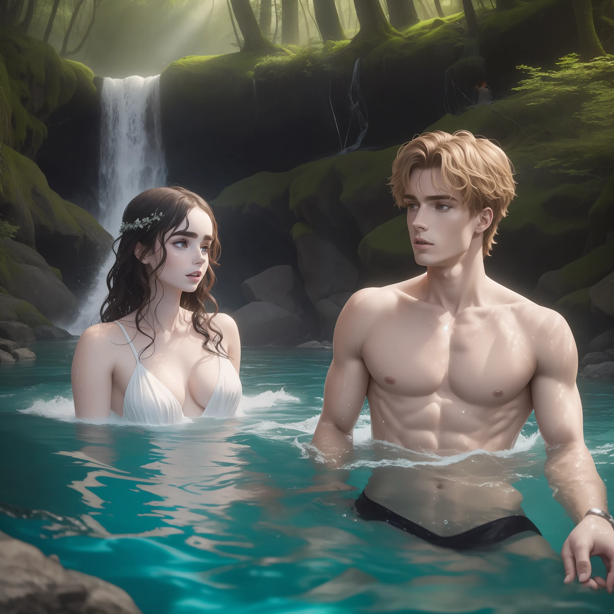 A couple bathing in a large river together, half the body submerged; the woman is Lily Collins with black curly hair, simple medieval white dress; and the man is Neels Visser blond-haired, shirtless; The two are swimming together in a river with waterfall and water is crystal clear, has a forest around, the image is extraordinary and very detailed.