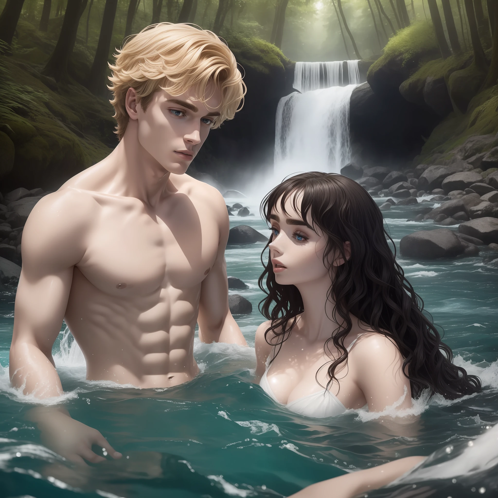 A couple bathing in a large river together, half the body submerged; the woman is Lily Collins with black curly hair, simple medieval white dress; and the man is Neels Visser blond-haired, shirtless; The two are swimming together in a river with waterfall and water is crystal clear, has a forest around, the image is extraordinary and very detailed.