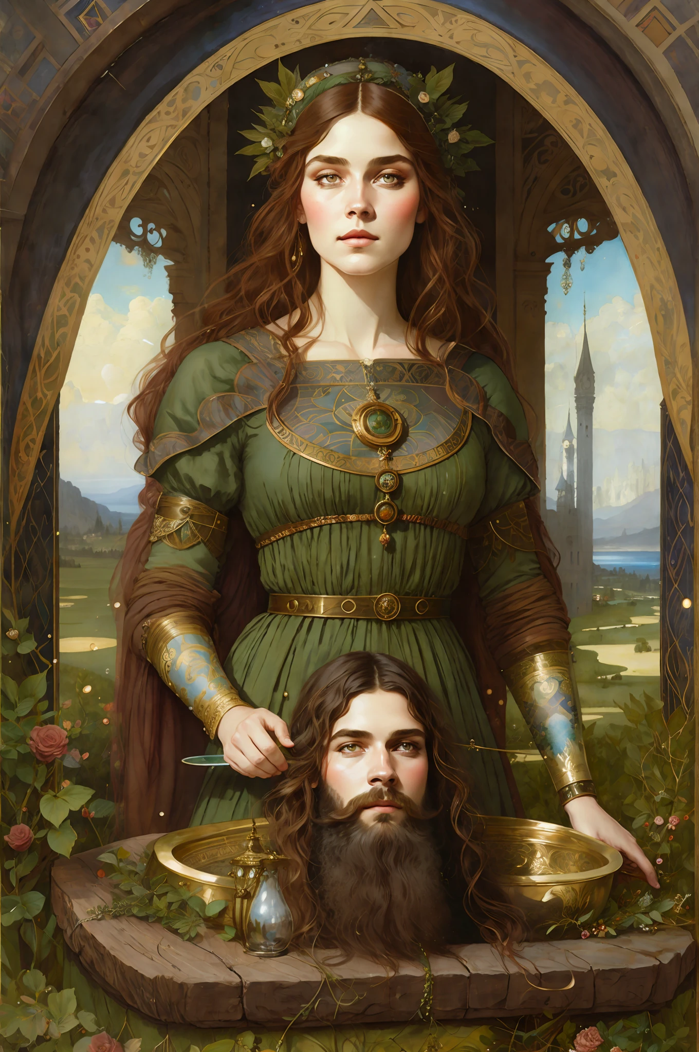 Painting of a woman with a beard and a man with a beard, Tom Bagshaw Weta Studio, Tom Bagshaw Donato Giancola, Mucha Klimt and Tom Bagshaw, Yuri Shwedoff and Tom Bagshaw, Tom Bagshaw Portrait, Darius Zawadzki and Tom Bagshaw, Art Tom Bagshaw, Artstyle Tom Bagshaw, Renaissance face, pre-raphaelite painting, severed head,