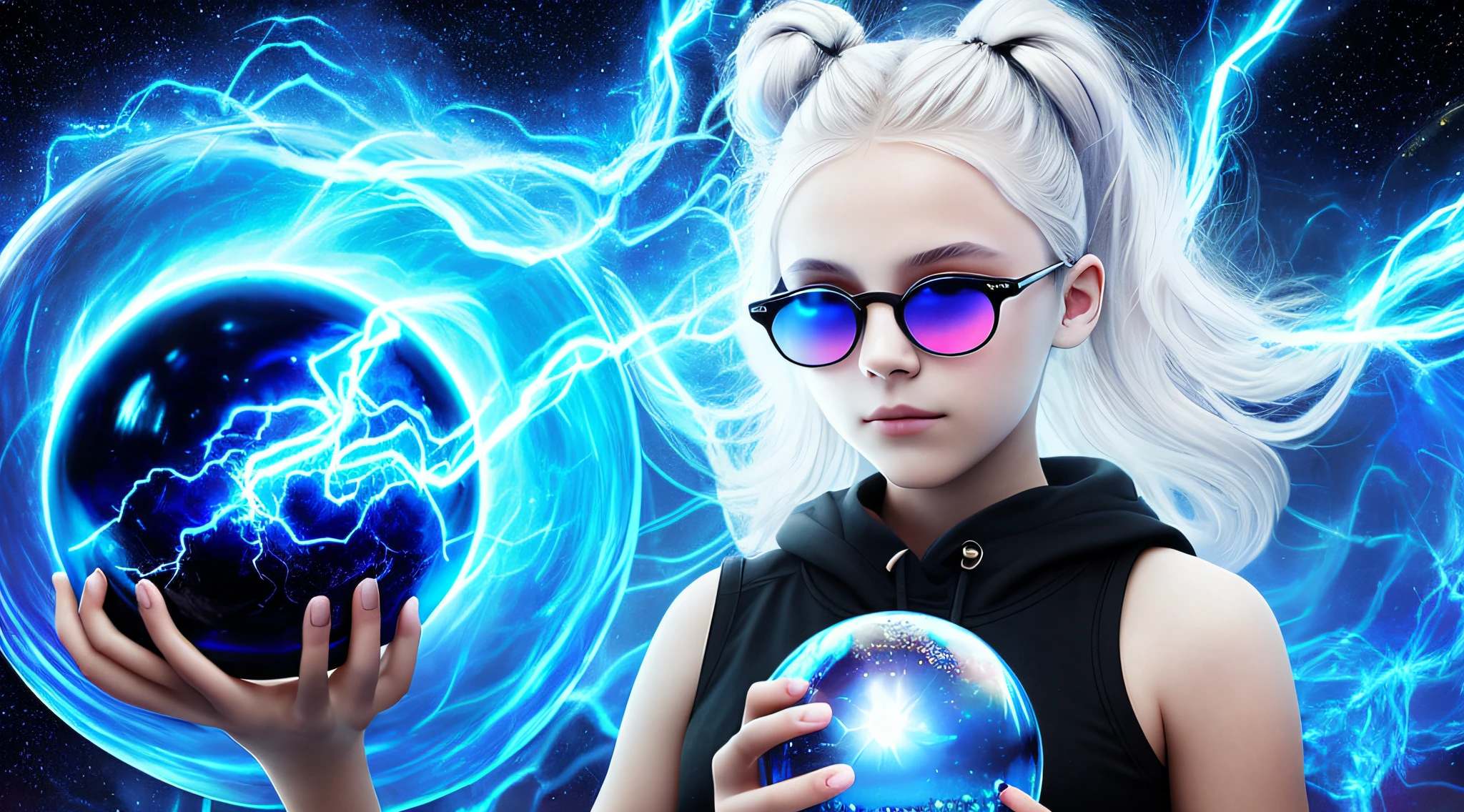 14-YEAR-OLD GIRL WITH SUNGLASSES, WITH PLATINUM HAIR WITH LONG BUN, (Blackholeengine:1), holding a blue ball in her hands with smoke enveloped by lightning and a dark transparent blue,, super realistic coming out of it,.crystal ball, holding a crystal ball.