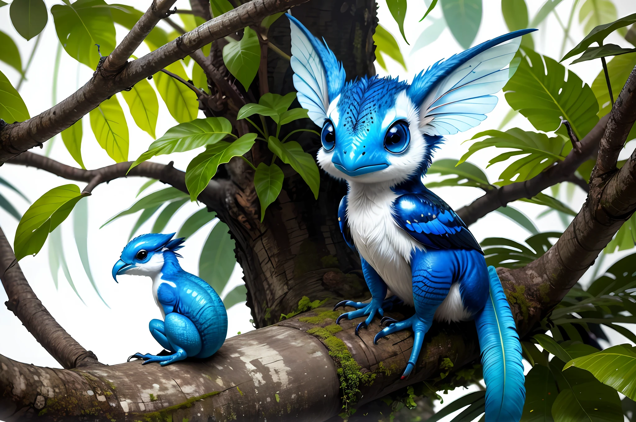 A small strange creature sits on the trunk of a tree. Long beak, The trunk covers four winged limbs, has a wide muzzle, four blue large eyes, colorful, looks with curiosity. It's in the dark jungle, small hair