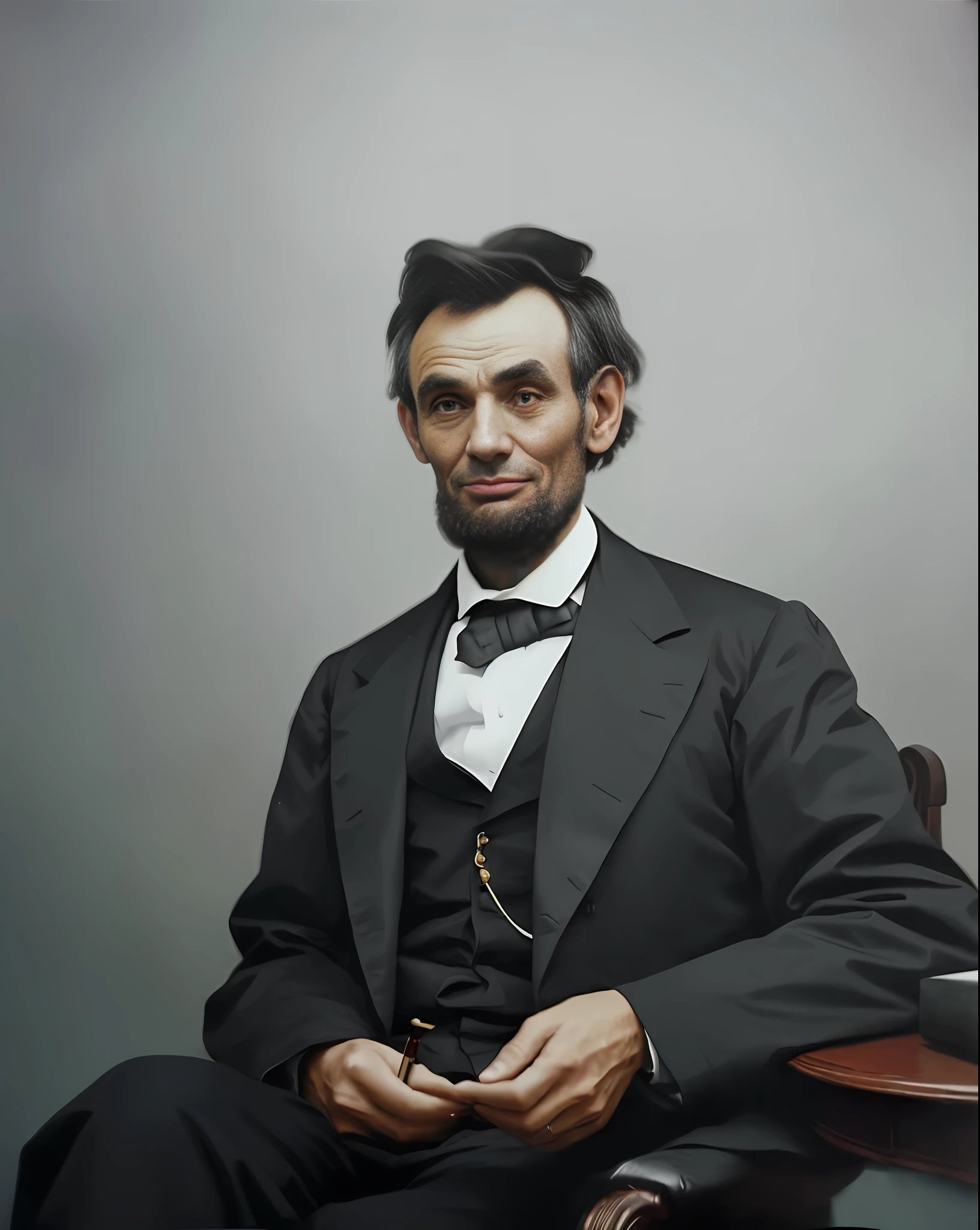 (Abraham Lincoln laughing hysterically) arafed image of a man in a suit sitting down, a colorized photo, colorized photo, colorized photograph, colorized, colorized background, colorized 1 9 0 4 photo, award winning colorized photo, tone mapped william-adolphe, colorized photon, detailed unblurred face, obscured face, face obscured, saturated colorized, ominous figure in the background