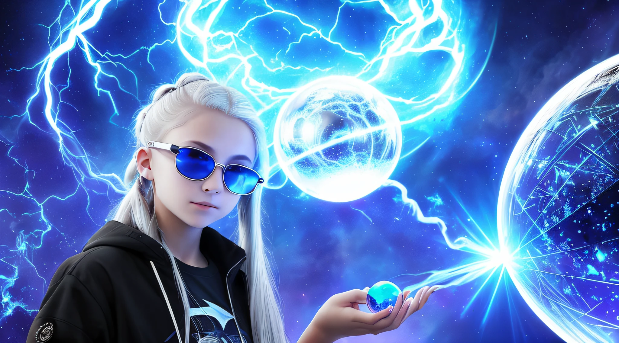 14-YEAR-OLD GIRL WITH SUNGLASSES, WITH PLATINUM HAIR WITH LONG BUN, (Blackholeengine:1), holding a blue ball in her hands with smoke enveloped by lightning and a dark transparent blue,, super realistic coming out of it,.crystal ball, holding a crystal ball.