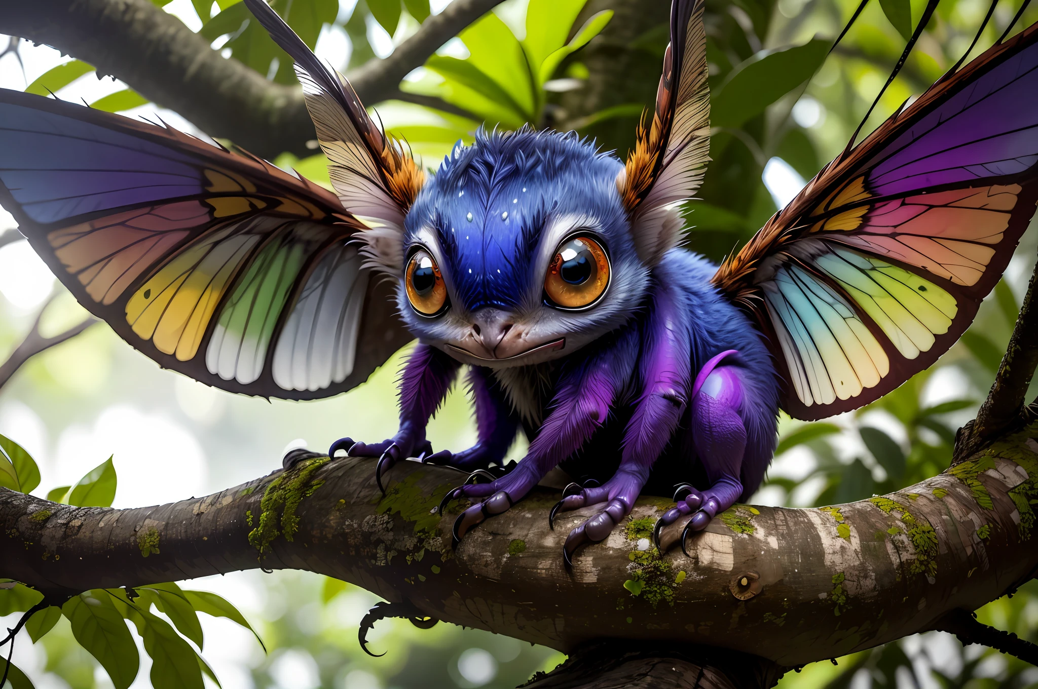 A small strange creature sits on the trunk of a tree. The trunk covers four winged limbs, has a wide muzzle, four large eyes, colorful, looks with curiosity. It's in the dark jungle, small hair