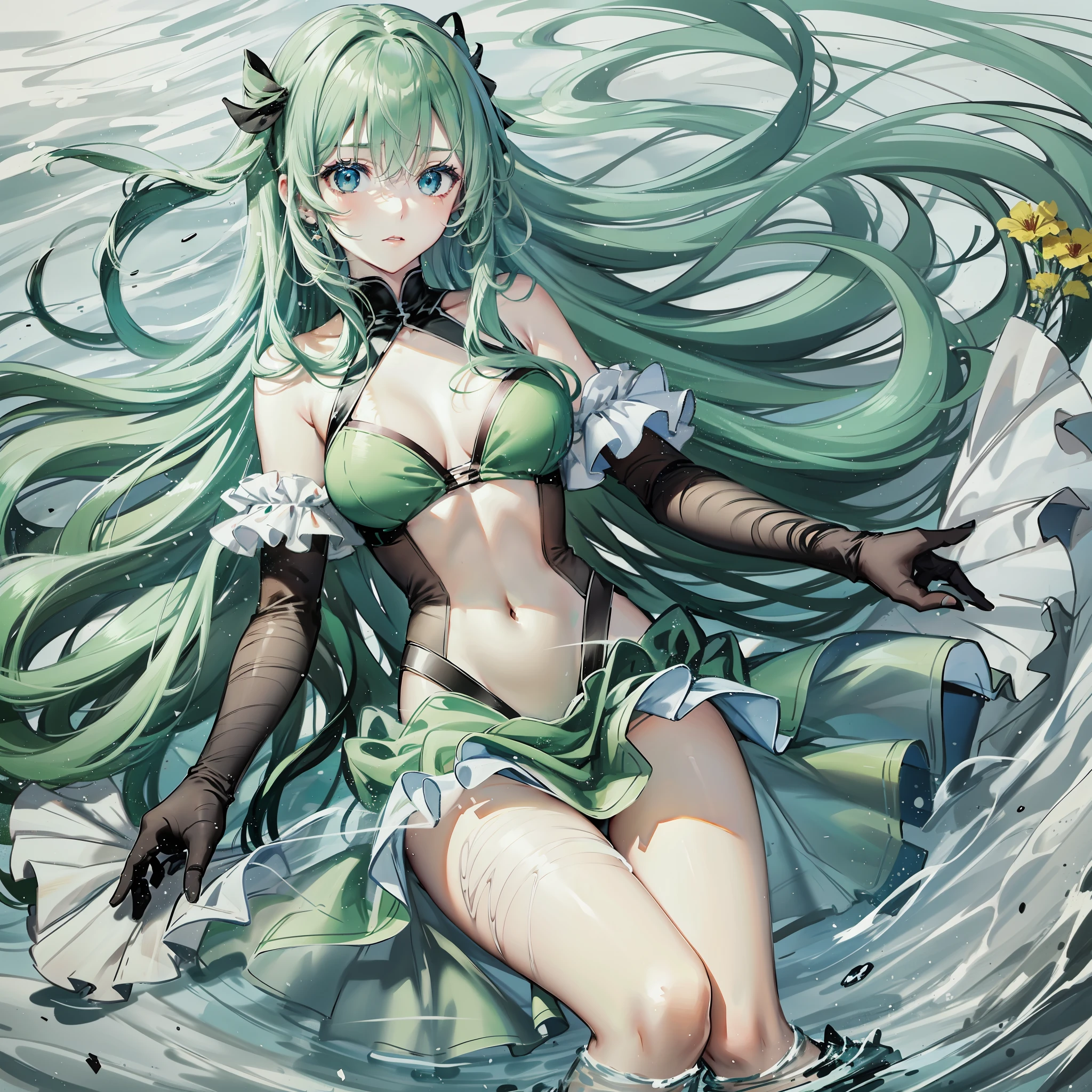 Anime girl with long green hair and blue eyes, wearing transparent tulle, full body, panorama, swimming in the water