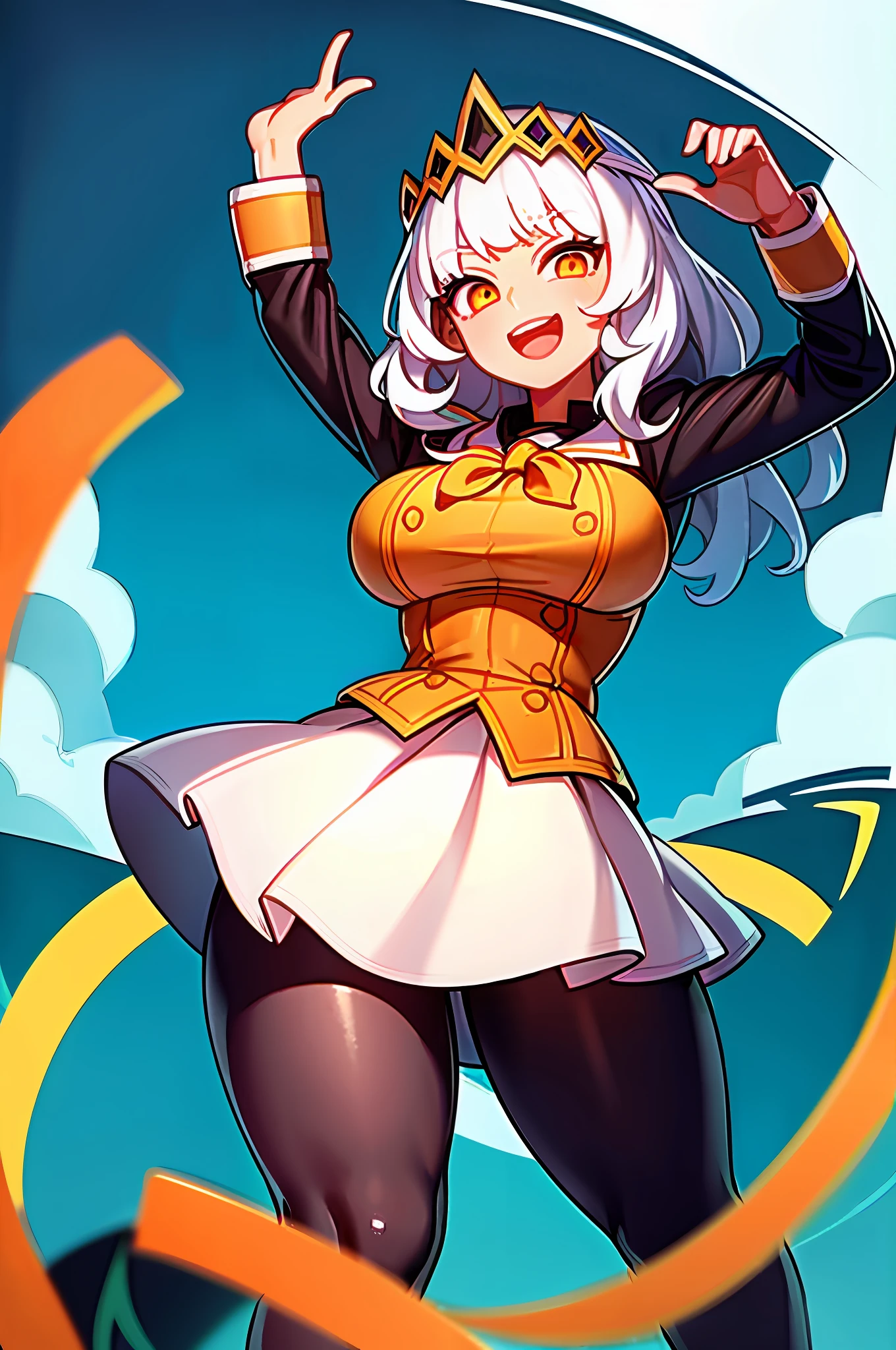 Portrait a qiyana ( standing on beach: 1.2) , oversized breasts , school uniform , smile , open mouth , white hair , orange eyes , masterpiece, skirt , (top quality: 1.2) , ( best quality: 1.2) , black outfit