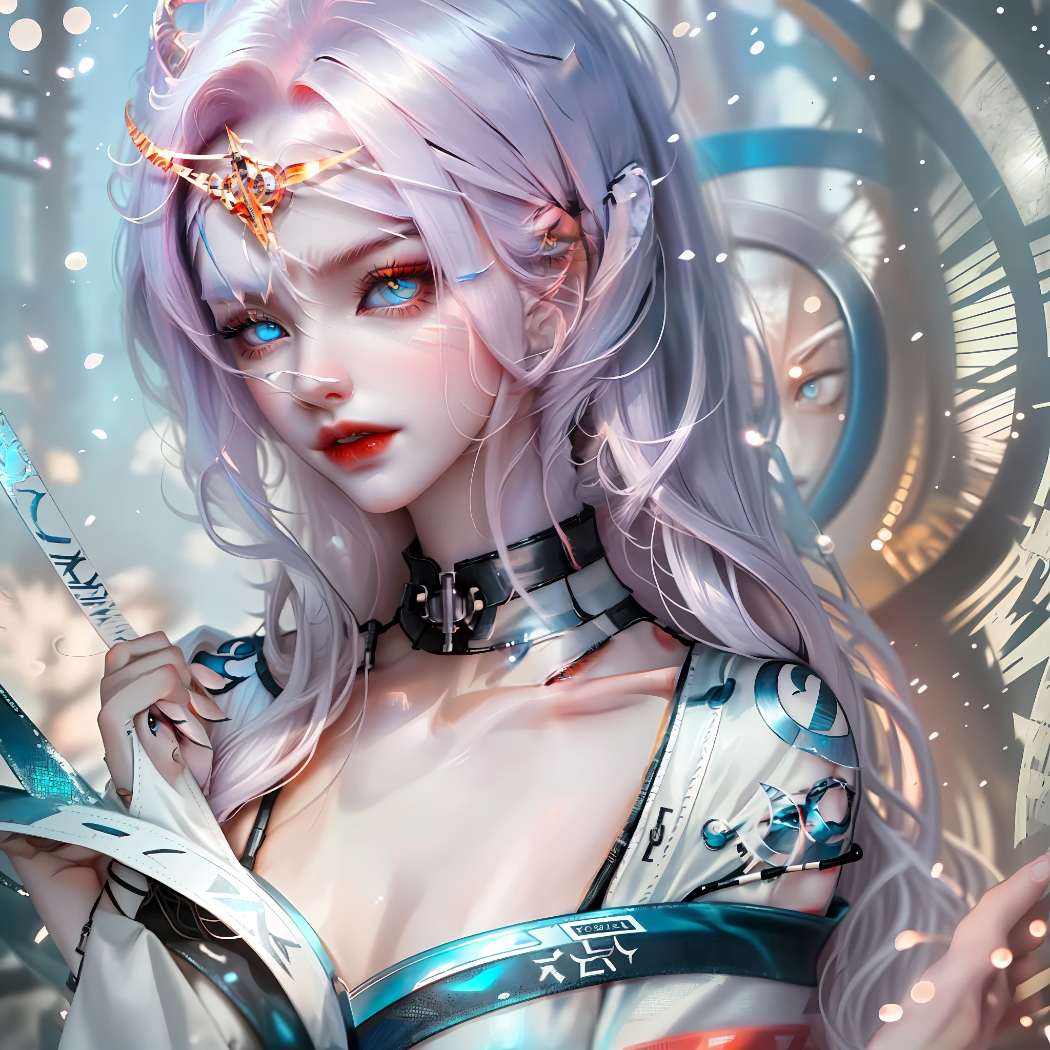 Izzy technical information
- Name: Izzy
- Age: 18
- Genus: Female
- Height: 1.45Cm
- Weight: 56Kg
- Eye Color: Left Amber, Right Red, Izzy has heterochromia and pupils shaped like a 4-pointed star.
- Hair: Straight, Cyberpunk Cut and White with Blue Locks.
- Skin: Firm and White
- Nationality: Japanese
- Body type: Athletic with a delicate and feminine appearance.
