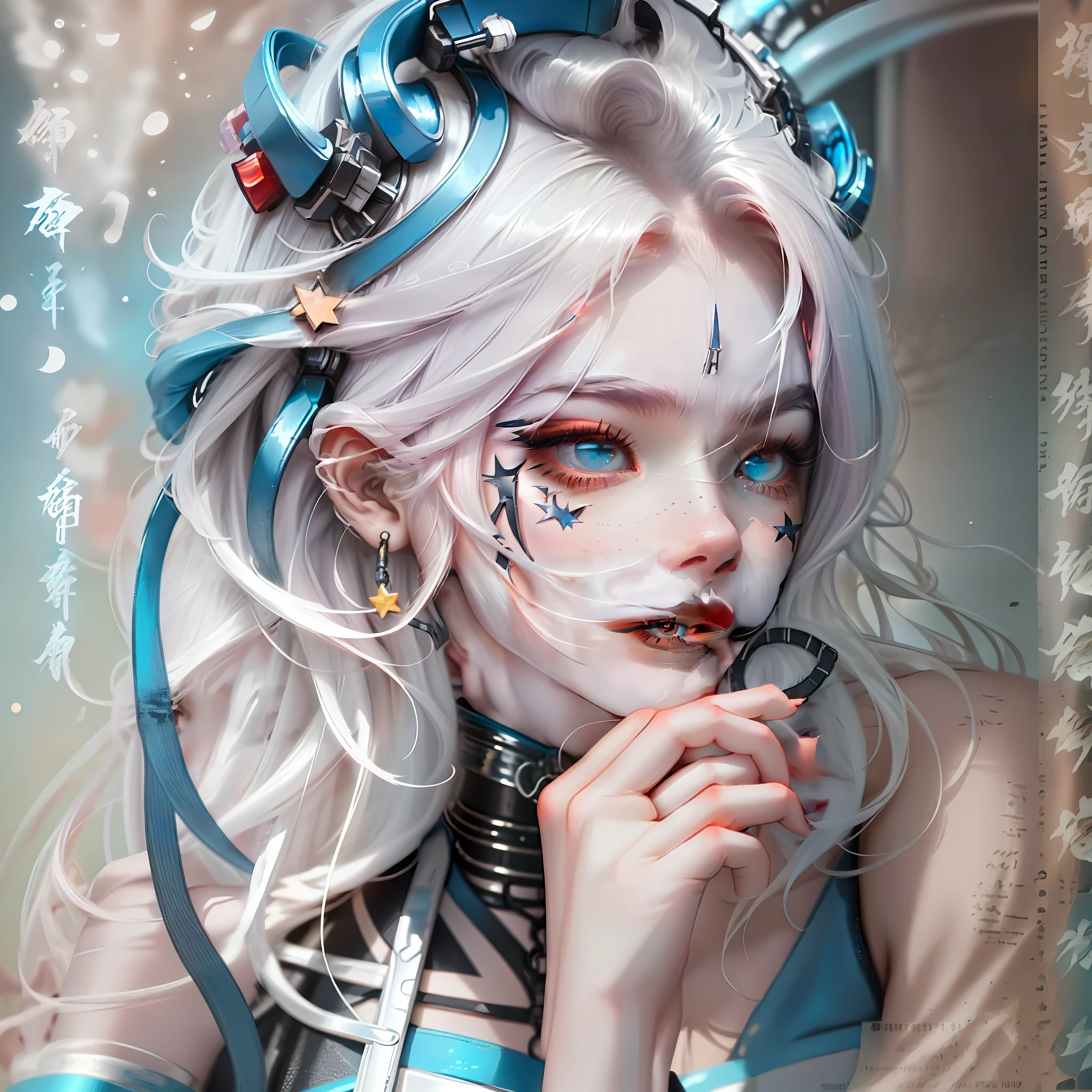 Izzy technical information
- Name: Izzy
- Age: 18
- Genus: Female
- Height: 1.45Cm
- Weight: 56Kg
- Eye Color: Left Amber, Right Red, Izzy has heterochromia and pupils shaped like a 4-pointed star.
- Hair: Straight, Cyberpunk Cut and White with Blue Locks.
- Skin: Firm and White
- Nationality: Japanese
- Body type: Athletic with a delicate and feminine appearance.