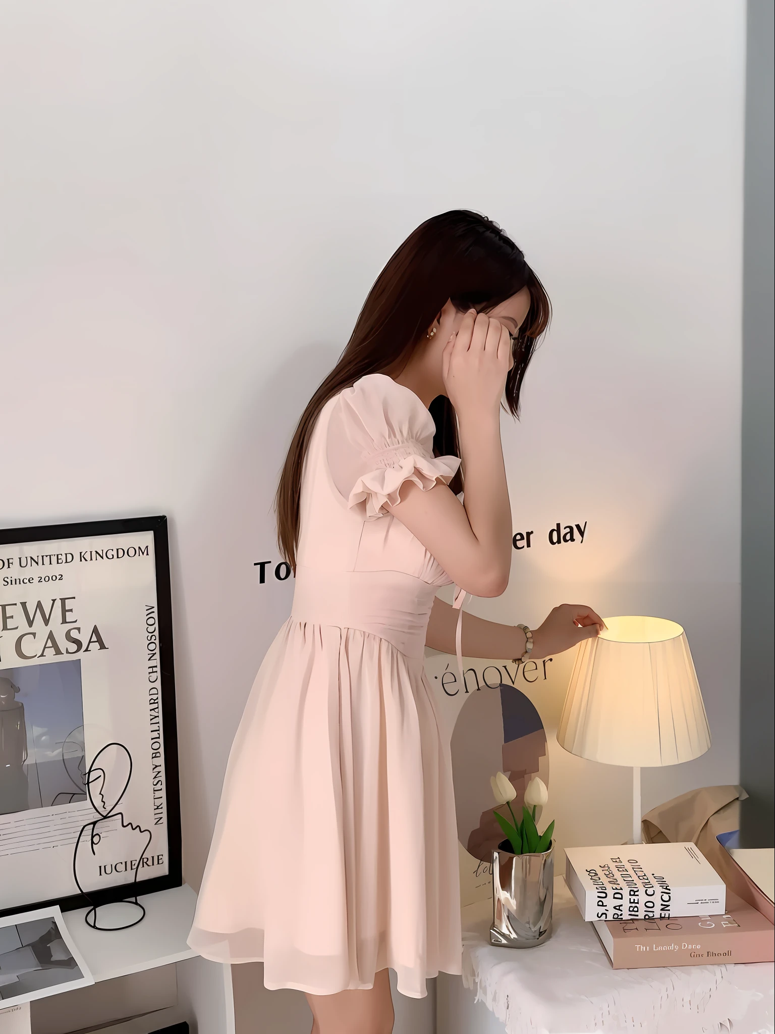 there is a woman standing in a room with a lamp, romantic dress, light half opened dress, soft silk dress, wearing a pink dress, light pink, pink dress, light pink tonalities, wearing an elegant dress, beautiful soft silky dress, light blush, simple dress, simple cream dress, feminine girly dress, long dress, dressed in a pink dress