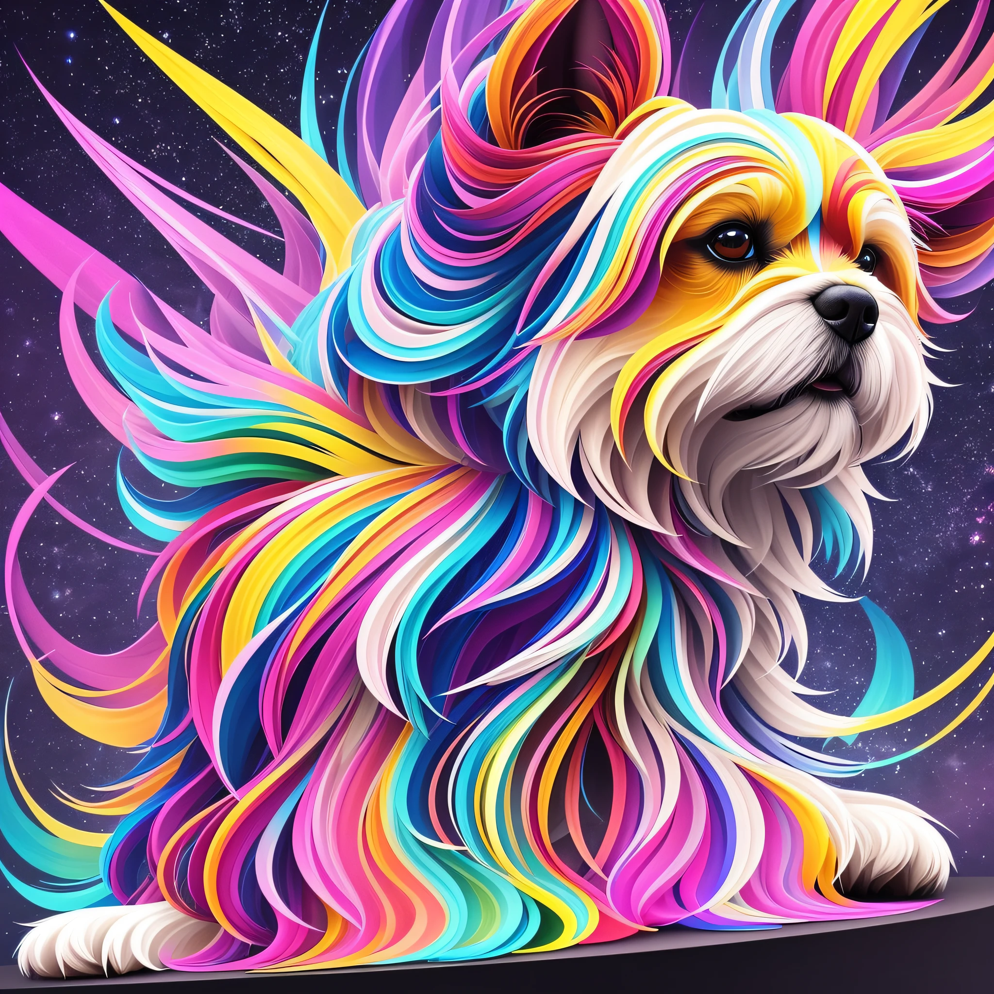 In this futuristic 3D artwork, you depict a Lhasa Apso dog in an impressive and vibrant way. It is represented in an abstract style, with a combination of geometric shapes and fluid lines that give a dynamic feel to the image. The dog is shown in a graceful posture, with her multicolored fur extending in different directions.
The coat of Lhasa Apso is a dazzling fusion of colors. The white and beige tones are combined with a range of vivid and futuristic colors, such as shock pink, neon green and electric blue. These colors blend and merge into a mesmerizing combination that wraps around the dog's entire body.
The painting highlights the texture and luminosity of Lhasa Apso's hair. The hairs are represented as soft three-dimensional threads, creating a tactile and realistic feel. Each thread is meticulously rendered to convey the smoothness and shine characteristic of this breed. They capture light in a dazzling way, creating reflections and highlights that give a sense of life to the painting.
The background of the scene is equally futuristic, with an abstract environment that complements the energy and vitality of the dog. It can be a surrealist landscape with stylized geometric shapes, or a cosmic backdrop with stars and nebulae in vibrant hues.
This futuristic 3D painting of the multicolored dog Lhasa Apso is an explosion of colors and shapes, creating a unique and imaginative representation of this adorable breed. With your artistic skill, you can bring this futuristic scene to life and create a work of art that is truly captivating and exciting.
Regenerate response
Screenshot --auto --s2