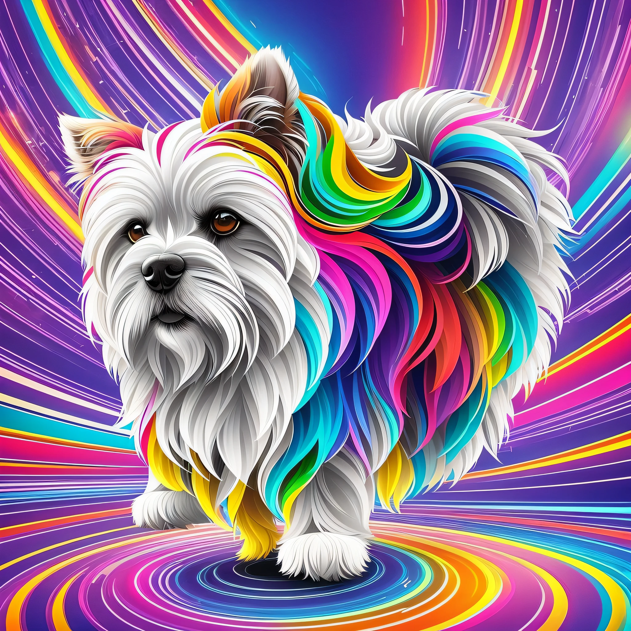 In this futuristic 3D artwork, you depict a Lhasa Apso dog in an impressive and vibrant way. It is represented in an abstract style, with a combination of geometric shapes and fluid lines that give a dynamic feel to the image. The dog is shown in a graceful posture, with her multicolored fur extending in different directions.

The coat of Lhasa Apso is a dazzling fusion of colors. The white and beige tones are combined with a range of vivid and futuristic colors, such as shock pink, neon green and electric blue. These colors blend and merge into a mesmerizing combination that wraps around the dog's entire body.

The painting highlights the texture and luminosity of Lhasa Apso's hair. The hairs are represented as soft three-dimensional threads, creating a tactile and realistic feel. Each thread is meticulously rendered to convey the smoothness and shine characteristic of this breed. They capture light in a dazzling way, creating reflections and highlights that give a sense of life to the painting.

The background of the scene is equally futuristic, with an abstract environment that complements the energy and vitality of the dog. It can be a surrealist landscape with stylized geometric shapes, or a cosmic backdrop with stars and nebulae in vibrant hues.

This futuristic 3D painting of the multicolored dog Lhasa Apso is an explosion of colors and shapes, creating a unique and imaginative representation of this adorable breed. With your artistic skill, you can bring this futuristic scene to life and create a work of art that is truly captivating and exciting.

Regenerate response

Screenshot --auto --s2