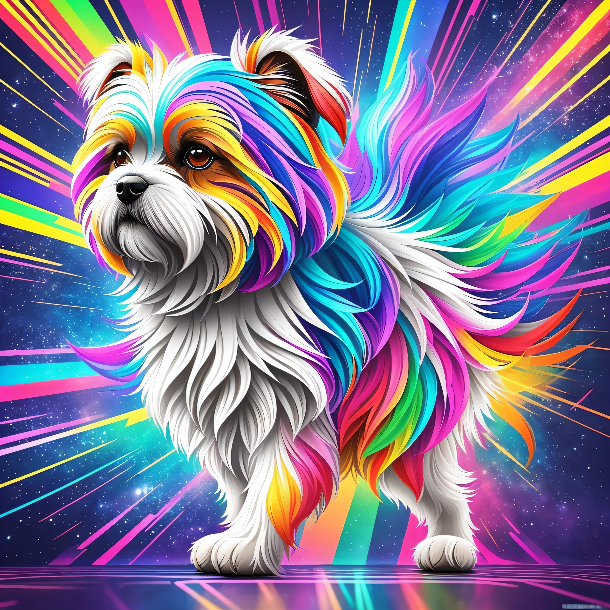 In this futuristic 3D artwork, you depict a Lhasa Apso dog in an impressive and vibrant way. It is represented in an abstract style, with a combination of geometric shapes and fluid lines that give a dynamic feel to the image. The dog is shown in a graceful posture, with her multicolored fur extending in different directions.

The coat of Lhasa Apso is a dazzling fusion of colors. The white and beige tones are combined with a range of vivid and futuristic colors, such as shock pink, neon green and electric blue. These colors blend and merge into a mesmerizing combination that wraps around the dog's entire body.

The painting highlights the texture and luminosity of Lhasa Apso's hair. The hairs are represented as soft three-dimensional threads, creating a tactile and realistic feel. Each thread is meticulously rendered to convey the smoothness and shine characteristic of this breed. They capture light in a dazzling way, creating reflections and highlights that give a sense of life to the painting.

The background of the scene is equally futuristic, with an abstract environment that complements the energy and vitality of the dog. It can be a surrealist landscape with stylized geometric shapes, or a cosmic backdrop with stars and nebulae in vibrant hues.

This futuristic 3D painting of the multicolored dog Lhasa Apso is an explosion of colors and shapes, creating a unique and imaginative representation of this adorable breed. With your artistic skill, you can bring this futuristic scene to life and create a work of art that is truly captivating and exciting.

Regenerate response

Screenshot --auto --s2