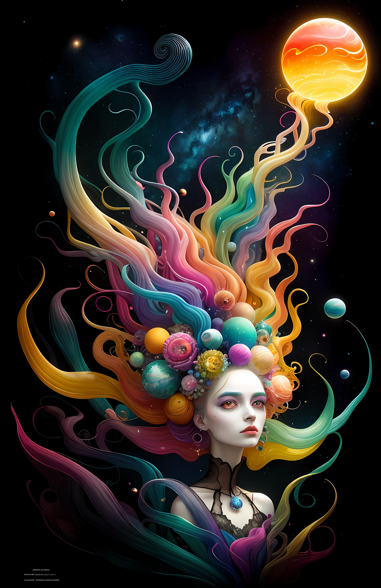 colorpop style, photo photo portrait of the sun surrounded by orbiting planetary moons, blonde pointy hair, natalie shau, mark ryden, alberto seveso, brooke shaden, anna dittmann, flora borsi, 8k resolution, perfect composition, milky way, rainbow color, flying insects, scales, wings, blue, texture, complex, gorgeous, shadow, pastel colors, 3d, Highly detailed, decorated in style, Tim Burton, Dale Chihuly, Xiaolongcheng, Cyril Rolando, by J. Gigue