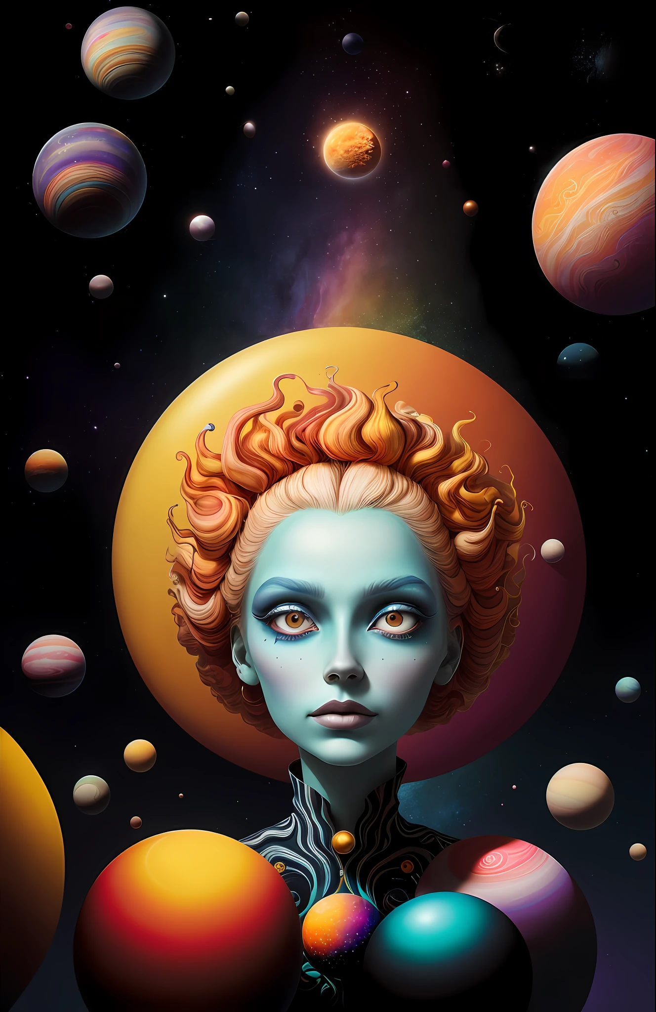 colorpop style, photo photo portrait of the sun surrounded by orbiting planetary moons, blonde pointy hair, natalie shau, mark ryden, alberto seveso, brooke shaden, anna dittmann, flora borsi, 8k resolution, perfect composition, milky way, rainbow color, flying insects, scales, wings, blue, texture, complex, gorgeous, shadow, pastel colors, 3d, Highly detailed, decorated in style, Tim Burton, Dale Chihuly, Xiaolongcheng, Cyril Rolando, by J. Gigue