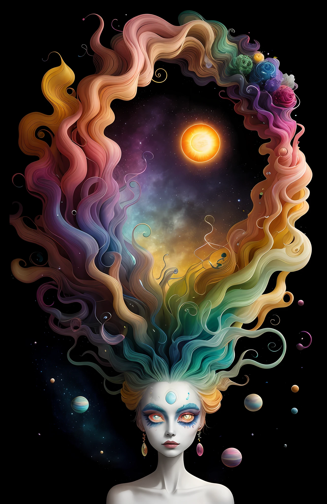 colorpop style, photo photo portrait of the sun surrounded by orbiting planetary moons, blonde pointy hair, natalie shau, mark ryden, alberto seveso, brooke shaden, anna dittmann, flora borsi, 8k resolution, perfect composition, milky way, rainbow color, flying insects, scales, wings, blue, texture, complex, gorgeous, shadow, pastel colors, 3d, Highly detailed, decorated in style, Tim Burton, Dale Chihuly, Xiaolongcheng, Cyril Rolando, by J. Gigue