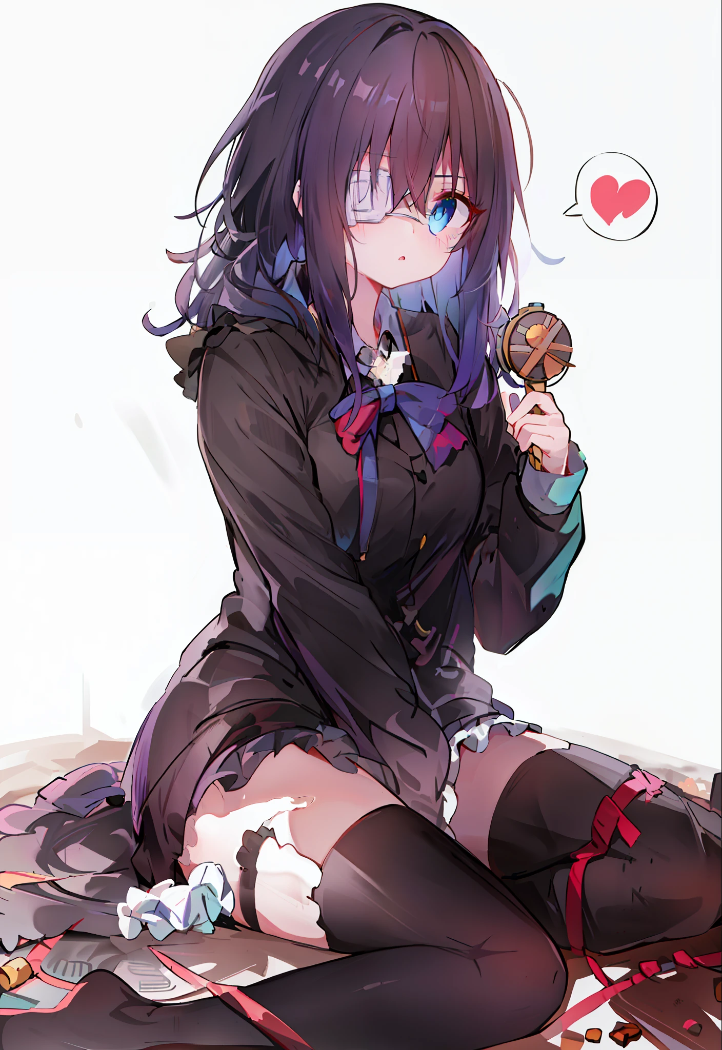 high res, masterpiece,Rikka Takanashi, black hair, solo, 1girl,outside,deatailed background, detailed eyes, ((blue eyes)), eyepatch