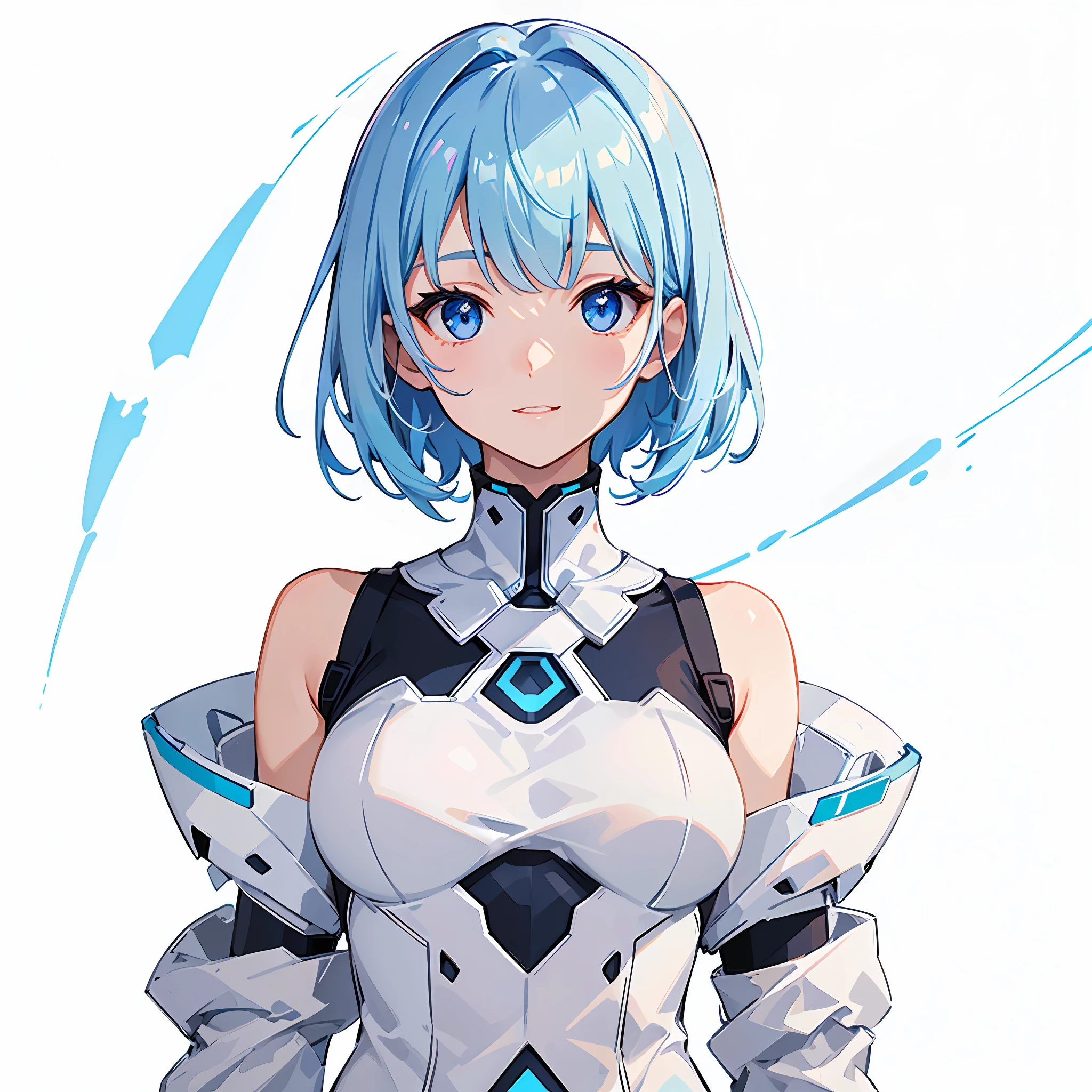 (((Masterpiece)))), (Best Quality))), Hi-Res, Upper body, forward-facing body, (upright), Side arms, (((Cute 1 girl))), Solo, , , White skin, Small breasts, Octocrad, (Light blue hair), ((Very short hair)), ((Straight bangs,)) Beautiful hair, Blue eyes, Beautiful detail eyes, Seductive smile, heart, cheerful smile, detached sleeves, (clothes with shoulders out), white and blue futuristic clothes, mechanical suit, pencil skirt, white background, simple background, concept art, shadow lighting,