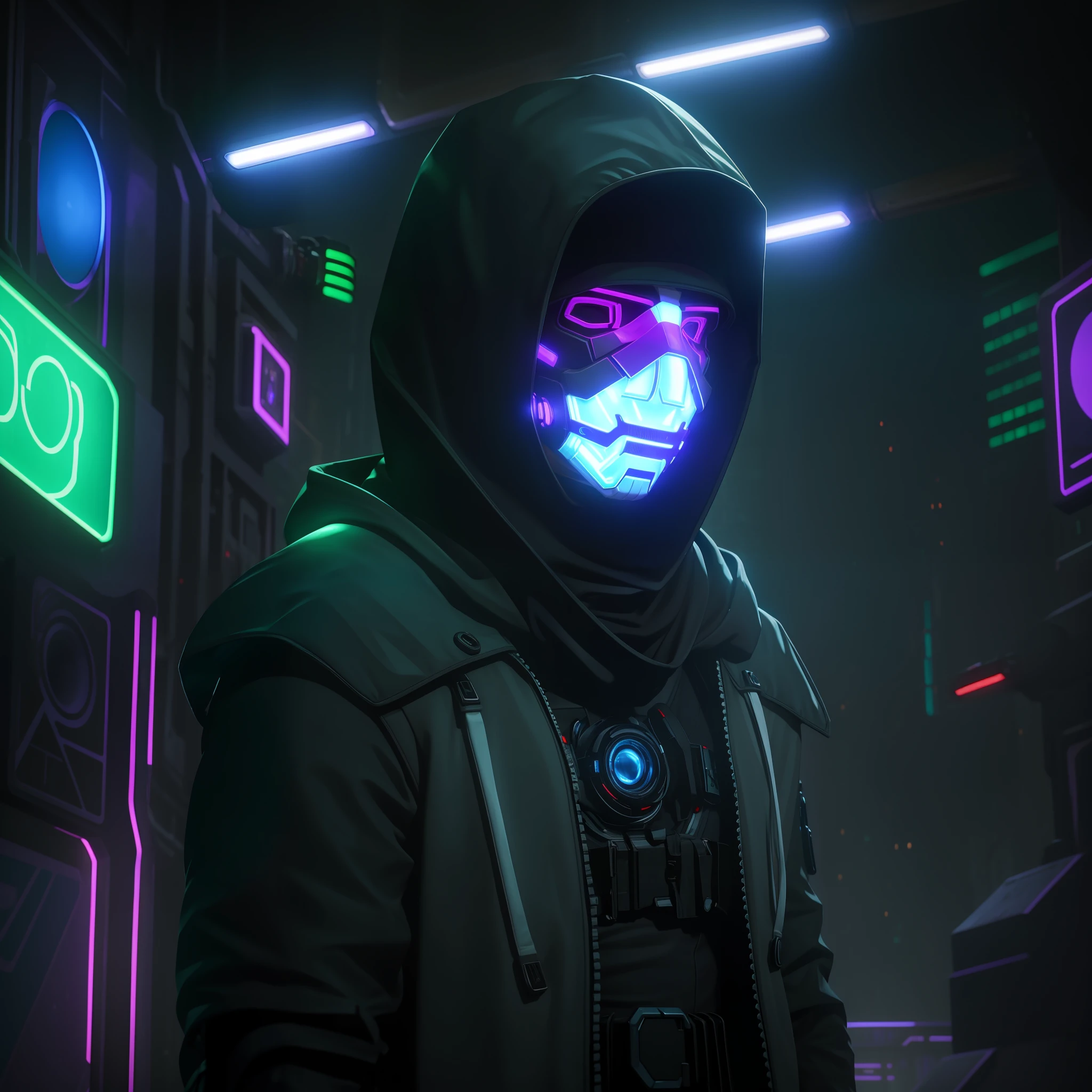 (amazing scene) hooded boy wearing cybernetic led mask with medium hair with white sash in hair looking up and the camera positioned below the shoulder line and the boy with the gloved hand on the chin and background of a cyber punk cyber city