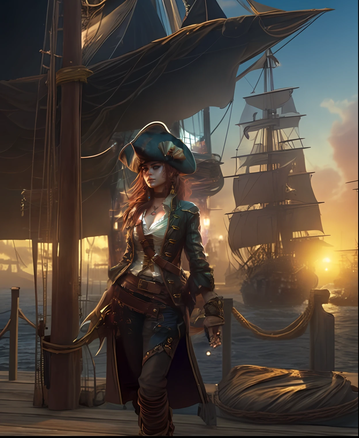 Pirate girl in a hat and leather jacket standing on a ship, Female Pirate Captain, Deviantart ArtStation CGSosiety, beautiful character painting, [ Trending on CGSieoation ]!, Exquisite Epic Character Art, Awesome Character Art, Pirate Woman, CGSetion - W 1 0 2 4 - N 8 - I, Dawn CGSoetion, steampunk fantasy style,image (((ultra hd)), (((8k))),pirate ship port landscape,pirate city in the background,ultrarealistic image,realistic hair(( thread to thread)),(((3d realistic hair)))