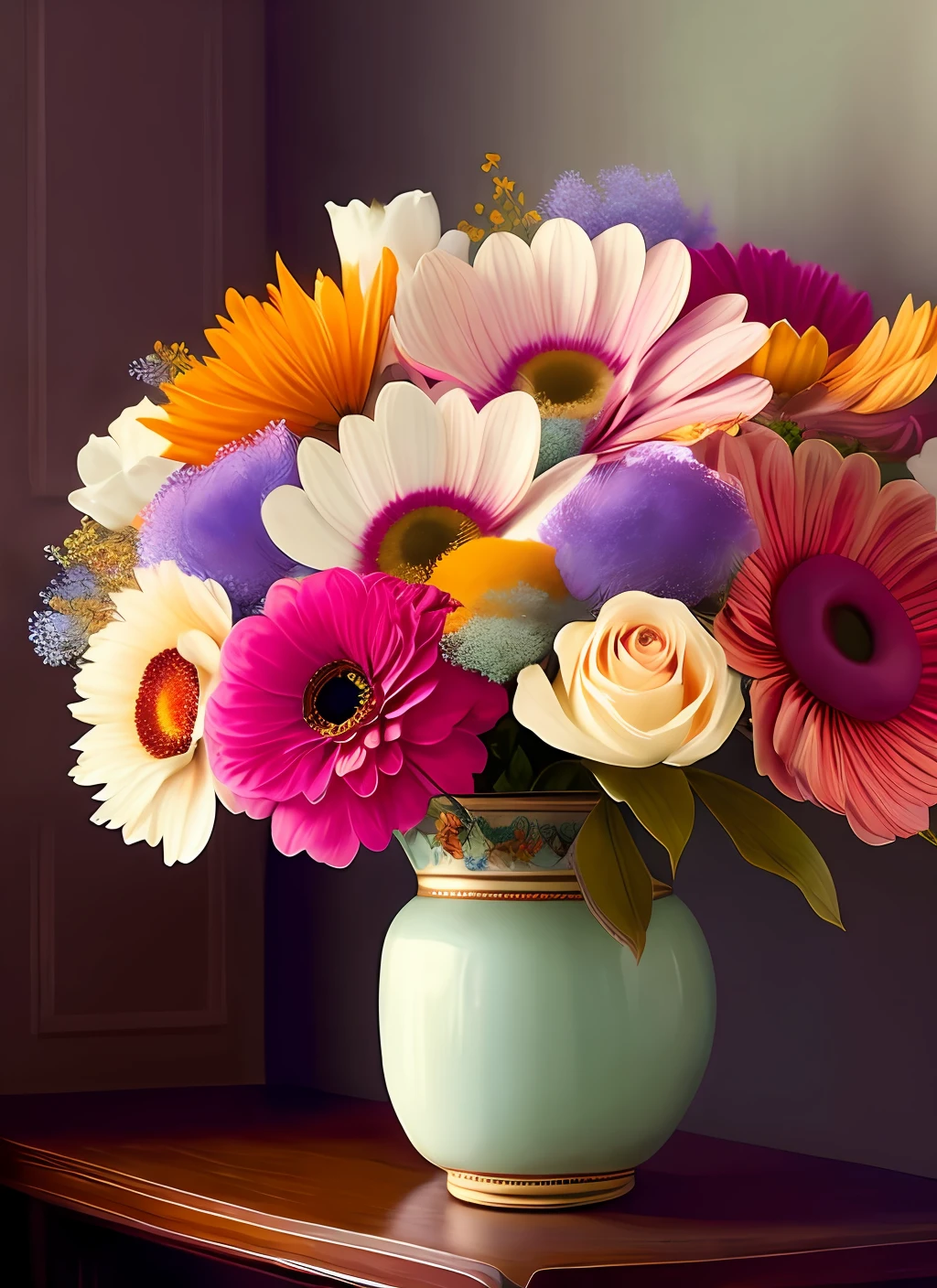 A beautiful flower stands out amidst a sea of other exquisite blooms, bathed in the artistic studio lighting reminiscent of Paramount cinematography. The flowers are arranged in an artful composition, with careful attention given to their vibrant colors and delicate petals. The illustrative style takes inspiration from the floral still life works of Georgia O'Keeffe, known for her detailed and intimate depictions. The color palette showcases a harmonious blend of soft pastels and rich hues, enhancing the visual allure of the flowers. The lighting creates a captivating play of shadows and highlights, adding depth and dimension to the scene.