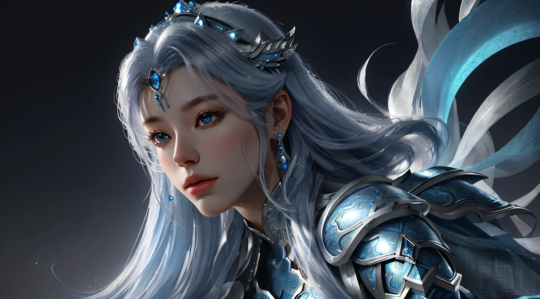 a close up of a woman in a silver and blue dress, chengwei pan on artstation, by Yang J, detailed fantasy art, stunning character art, fanart best artstation, epic exquisite character art, beautiful armor, extremely detailed artgerm, detailed digital anime art, artgerm on artstation pixiv, armor girl