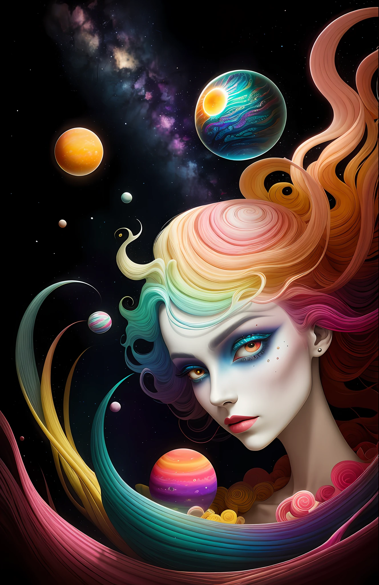 colorpop style, photo photo portrait of the sun surrounded by orbiting planetary moons, blonde pointy hair, natalie shau, mark ryden, alberto seveso, brooke shaden, anna dittmann, flora borsi, 8k resolution, perfect composition, milky way, rainbow color, flying insects, scales, wings, blue, texture, complex, gorgeous, shadow, pastel colors, 3d, Highly detailed, decorated in style, Tim Burton, Dale Chihuly, Xiaolongcheng, Cyril Rolando, by J. Gigue