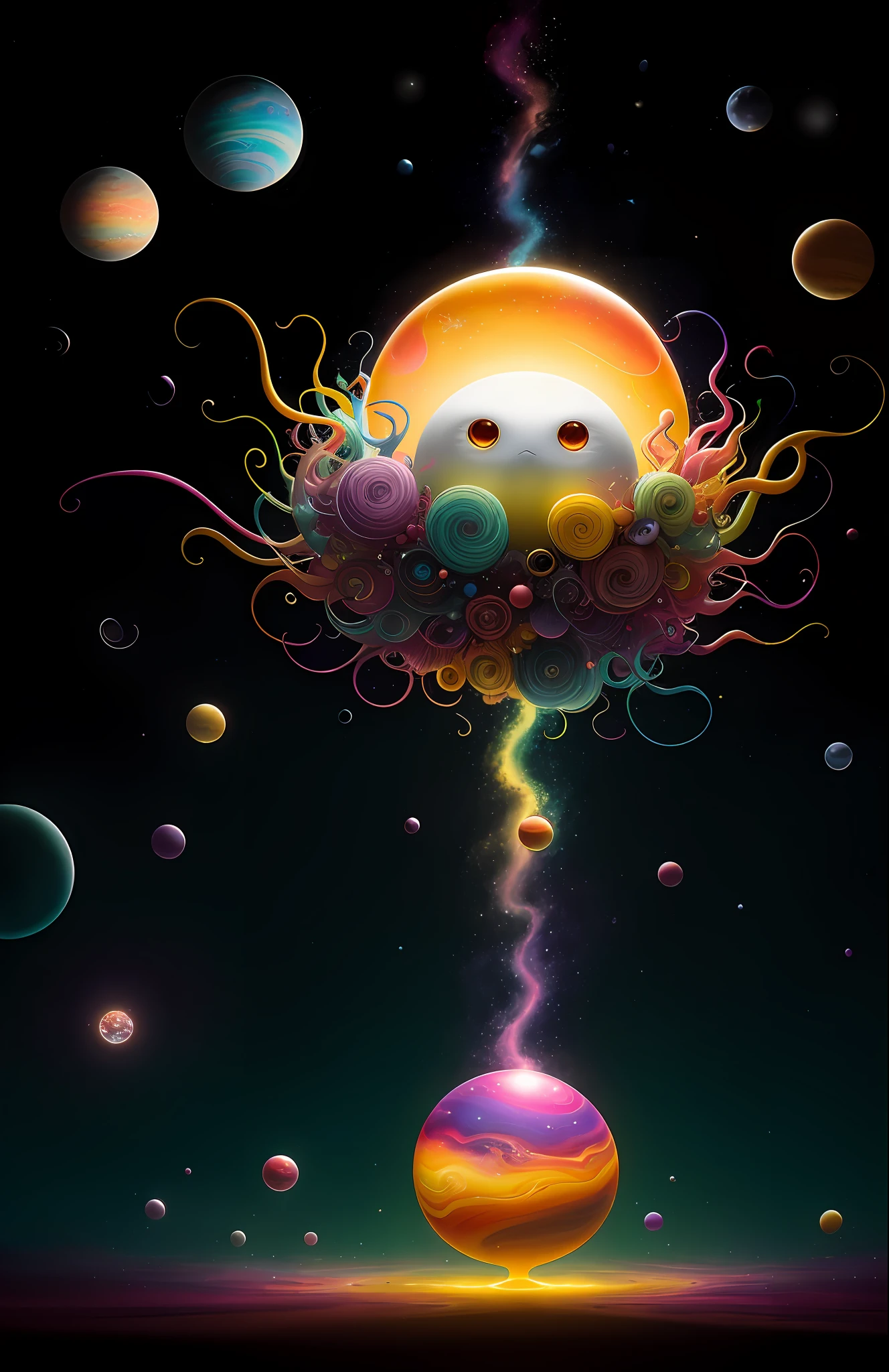 colorpop style, photo photo portrait of the sun surrounded by orbiting planetary moons, blonde pointy hair, natalie shau, mark ryden, alberto seveso, brooke shaden, anna dittmann, flora borsi, 8k resolution, perfect composition, milky way, rainbow color, flying insects, scales, wings, blue, texture, complex, gorgeous, shadow, pastel colors, 3d, Highly detailed, decorated in style, Tim Burton, Dale Chihuly, Xiaolongcheng, Cyril Rolando, by J. Gigue