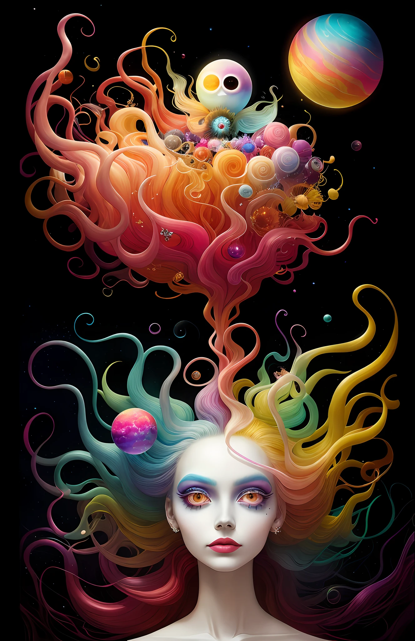 colorpop style, photo photo portrait of the sun surrounded by orbiting planetary moons, blonde pointy hair, natalie shau, mark ryden, alberto seveso, brooke shaden, anna dittmann, flora borsi, 8k resolution, perfect composition, milky way, rainbow color, flying insects, scales, wings, blue, texture, complex, gorgeous, shadow, pastel colors, 3d, Highly detailed, decorated in style, Tim Burton, Dale Chihuly, Xiaolongcheng, Cyril Rolando, by J. Gigue