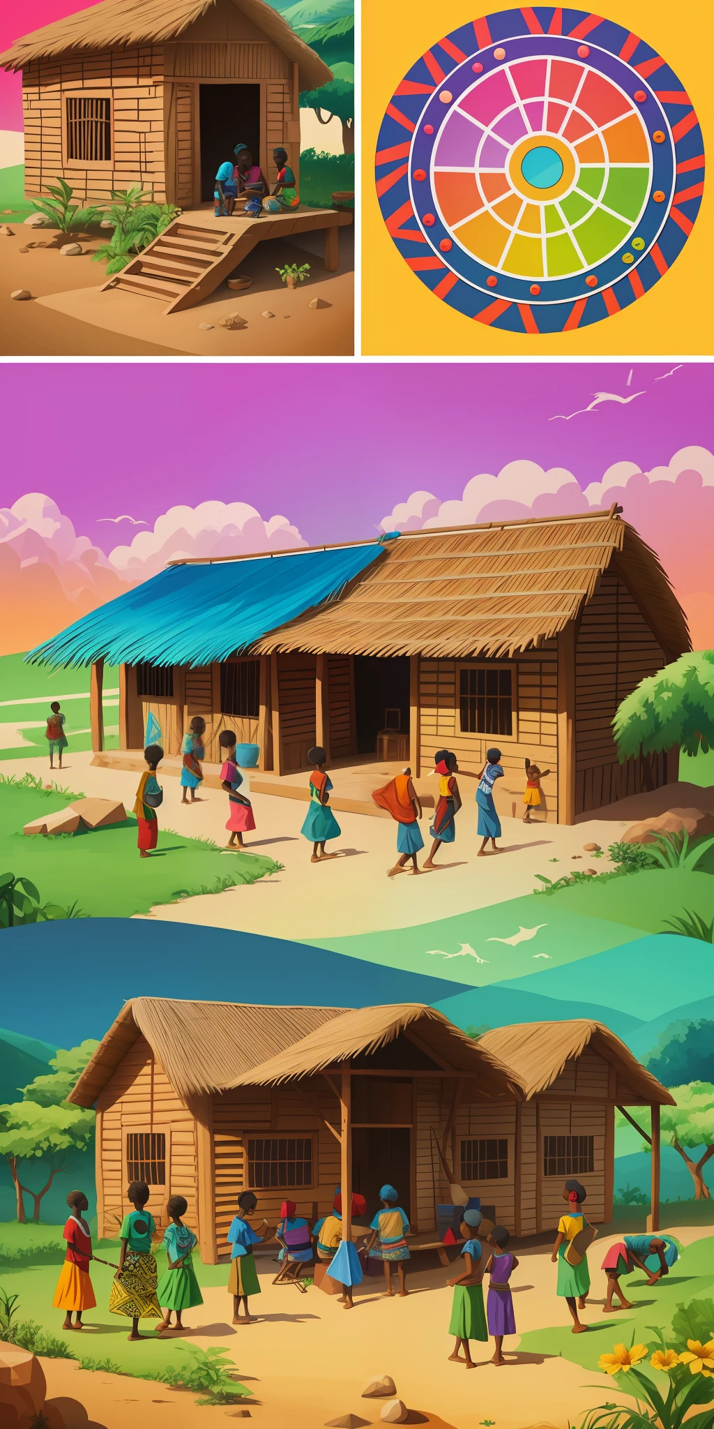 t-shirt print, "a watercolor painting depicts vibrant African villagers engaged in community activities and valuing their cultural heritage" in a silhouette design, 3D vector art, cute and quirky, bright bold coloring, low poly, isometric style, retro aesthetic, character-focused, 4K resolution, photorealistic rendering, using Cinema 4D, front, 8K --auto --s2