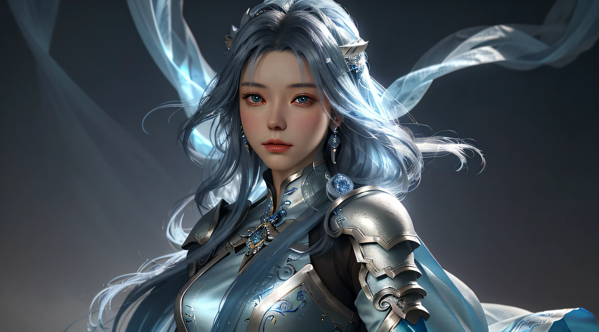 a close up of a woman in a silver and blue dress, chengwei pan on artstation, by Yang J, detailed fantasy art, stunning character art, fanart best artstation, epic exquisite character art, beautiful armor, extremely detailed artgerm, detailed digital anime art, artgerm on artstation pixiv, armor girl