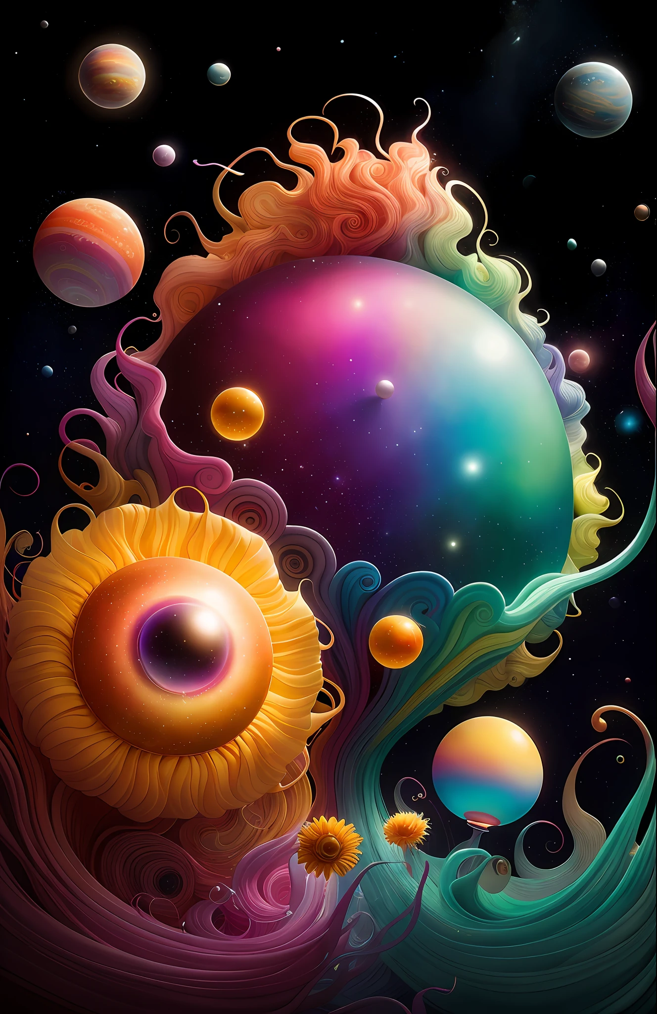 colorpop style, photo photo portrait of the sun surrounded by orbiting planetary moons, blonde pointy hair, natalie shau, mark ryden, alberto seveso, brooke shaden, anna dittmann, flora borsi, 8k resolution, perfect composition, milky way, rainbow color, flying insects, scales, wings, blue, texture, complex, gorgeous, shadow, pastel colors, 3d, Highly detailed, decorated in style, Tim Burton, Dale Chihuly, Xiaolongcheng, Cyril Rolando, by J. Gigue