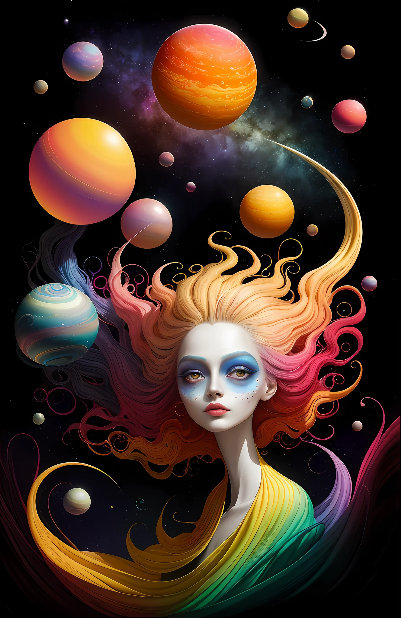 colorpop style, photo photo portrait of the sun surrounded by orbiting planetary moons, blonde pointy hair, natalie shau, mark ryden, alberto seveso, brooke shaden, anna dittmann, flora borsi, 8k resolution, perfect composition, milky way, rainbow color, flying insects, scales, wings, blue, texture, complex, gorgeous, shadow, pastel colors, 3d, Highly detailed, decorated in style, Tim Burton, Dale Chihuly, Xiaolongcheng, Cyril Rolando, by J. Gigue