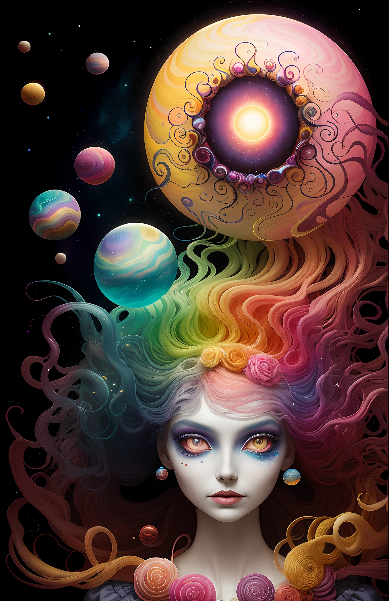 colorpop style, photo photo portrait of the sun surrounded by orbiting planetary moons, blonde pointy hair, natalie shau, mark ryden, alberto seveso, brooke shaden, anna dittmann, flora borsi, 8k resolution, perfect composition, milky way, rainbow color, flying insects, scales, wings, blue, texture, complex, gorgeous, shadow, pastel colors, 3d, Highly detailed, decorated in style, Tim Burton, Dale Chihuly, Xiaolongcheng, Cyril Rolando, by J. Gigue