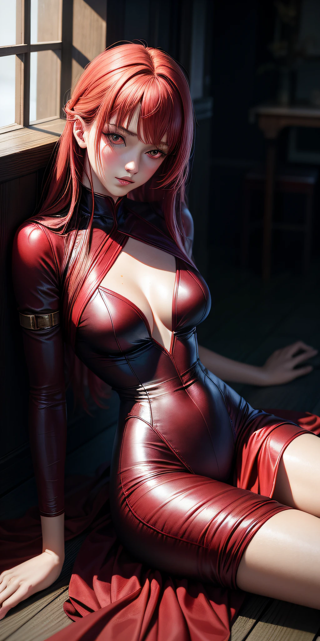 realistic, 1girl, red hair, red eyes, bright eyes, red dress glued, short and sensual style style warrior goddess, lips ajar, blush, lying on her side, side portrait