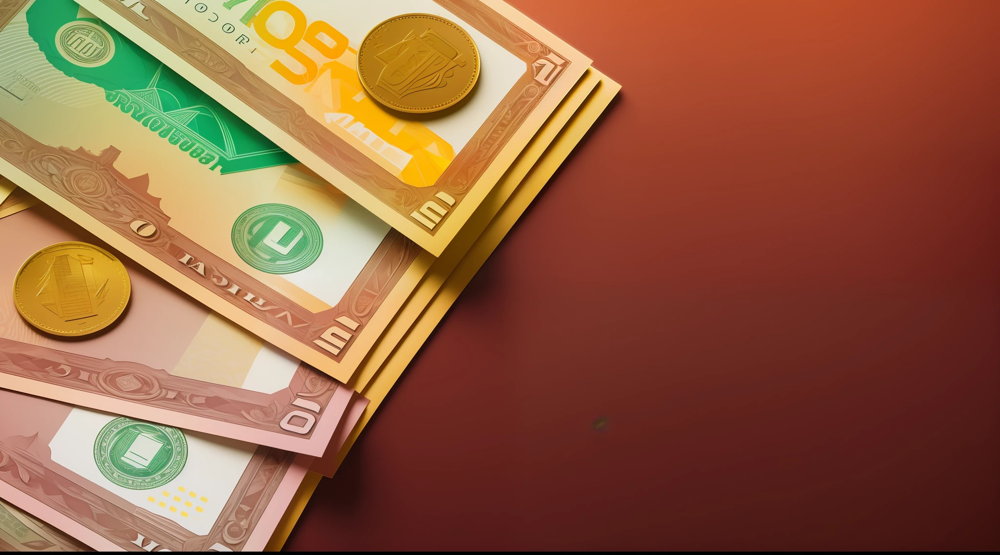 Generate a photo of a mountain of money, in the center of which is an old-fashioned card holder with many ancient banknotes, reddish-brown card heads, aging banknotes, and emerald green font as decoration, indicating its historical value. The photo has an asymptotic focal length, the main card head is magnified and clear, the rest is blurred, and the background is a gradient of gold and brown.