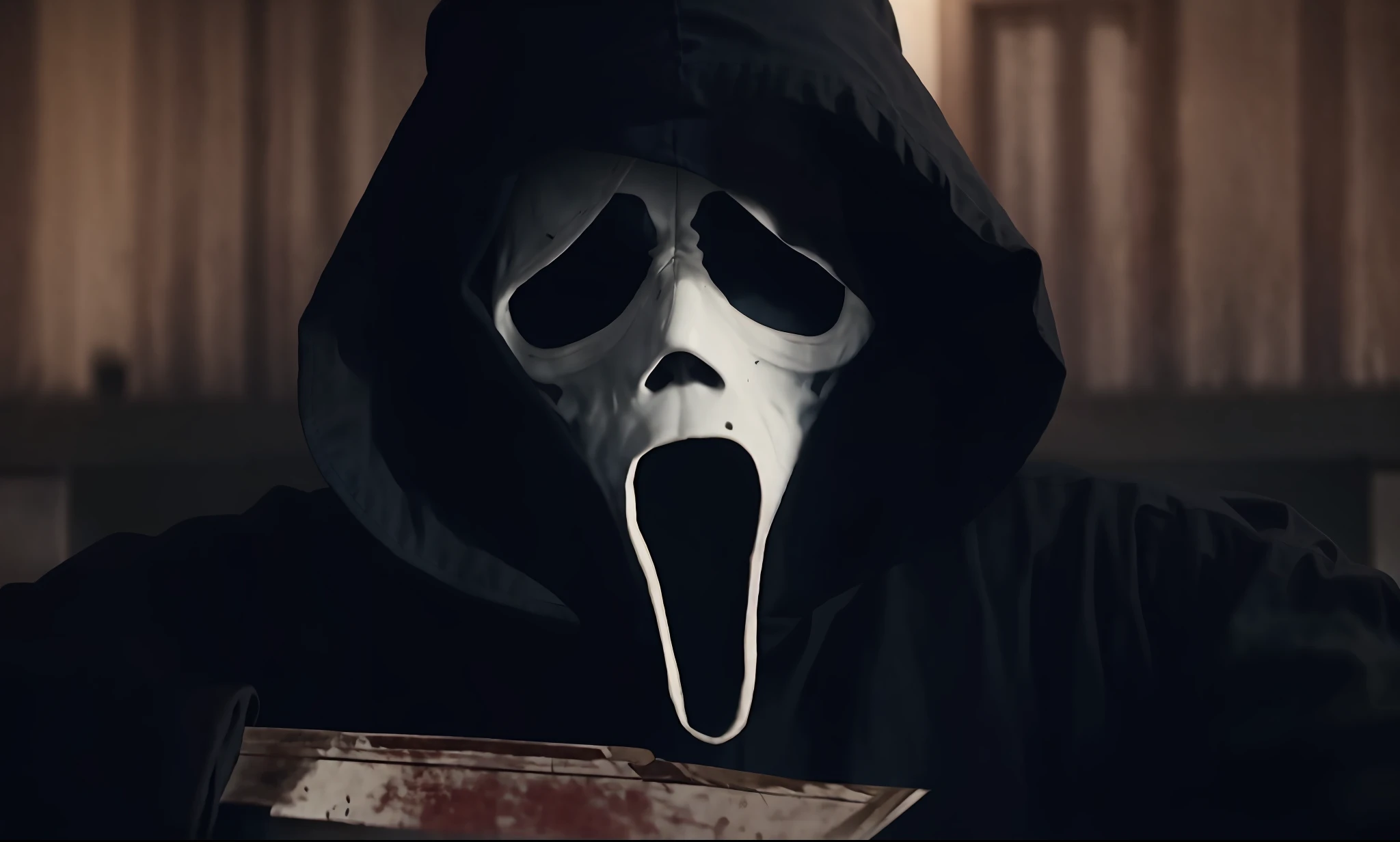 a close up of a person in a black hood and a white mask holding a knife, ghostface, scream, ghost mask, horror movie characters, horror movie, horror film, screeching, horror movie slasher, from horror movies, film still from a horror movie, horror movies, scaring, the reaper as a scary, scary face, horror movie scene