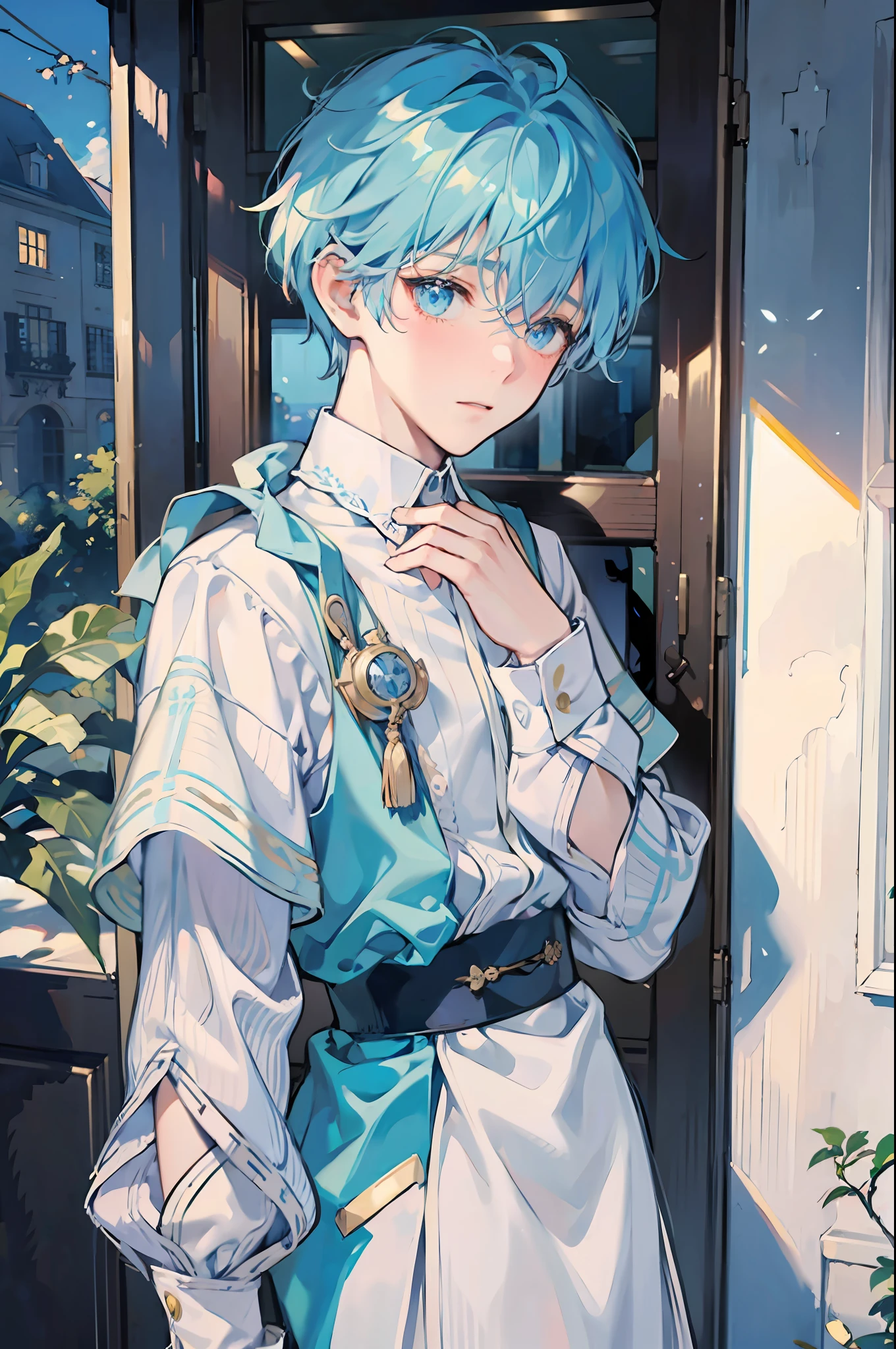 1 boy, young, delicate and feminine, light blue hair and eyes, wearing baggy clothes, blushing, shy look