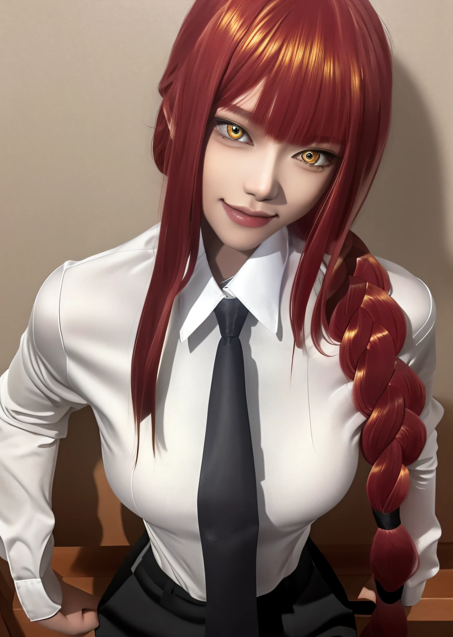 (masterpiece), (best quality),makima \(chainsaw man\), best quality, ultra detailed, 1girl, solo, standing, red hair, long braided hair, golden eyes, sexy, tied \(non-sexual\), bangs, large breasts, low-cut white shirt, loose tie, staring, smile, (bad:1.2), looking at the viewer, (interview:1.3), (dark background, sitting in the office)