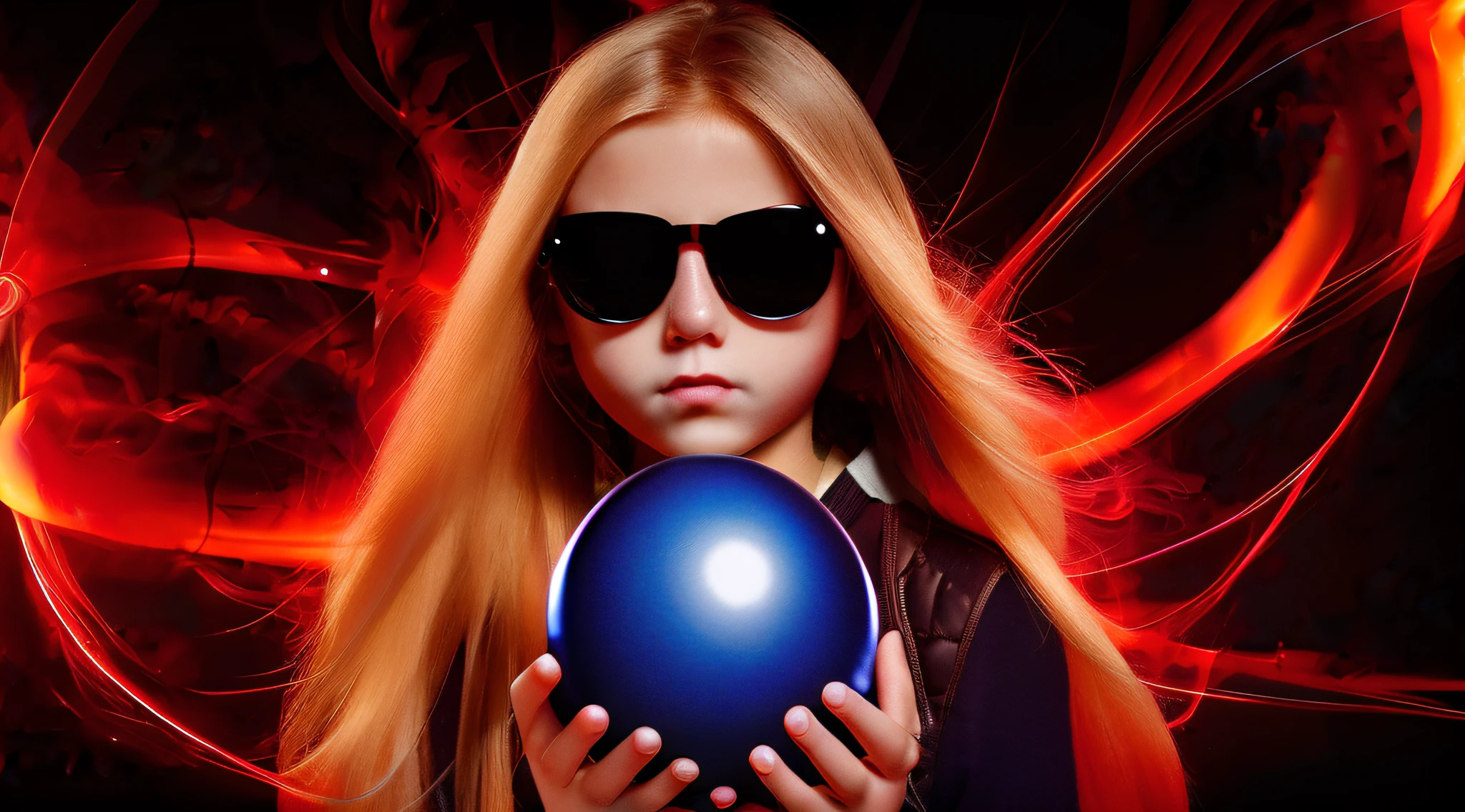 (Blackholeengine:1), **************** WITH SUNGLASSES, WITH LONG BLONDE HAIR, holding a blue ball in her hands with smoke,