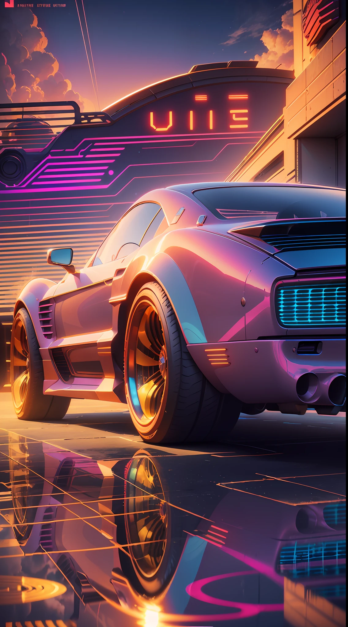 (Dynamic view), (synthwave, complex and stunning color scheme, stylized sun, retro-futuristic car, raytraced reflections, dynamic reflections, hyper detailed reflections, CG 8k wallpaper, Octane rendering, vector design)