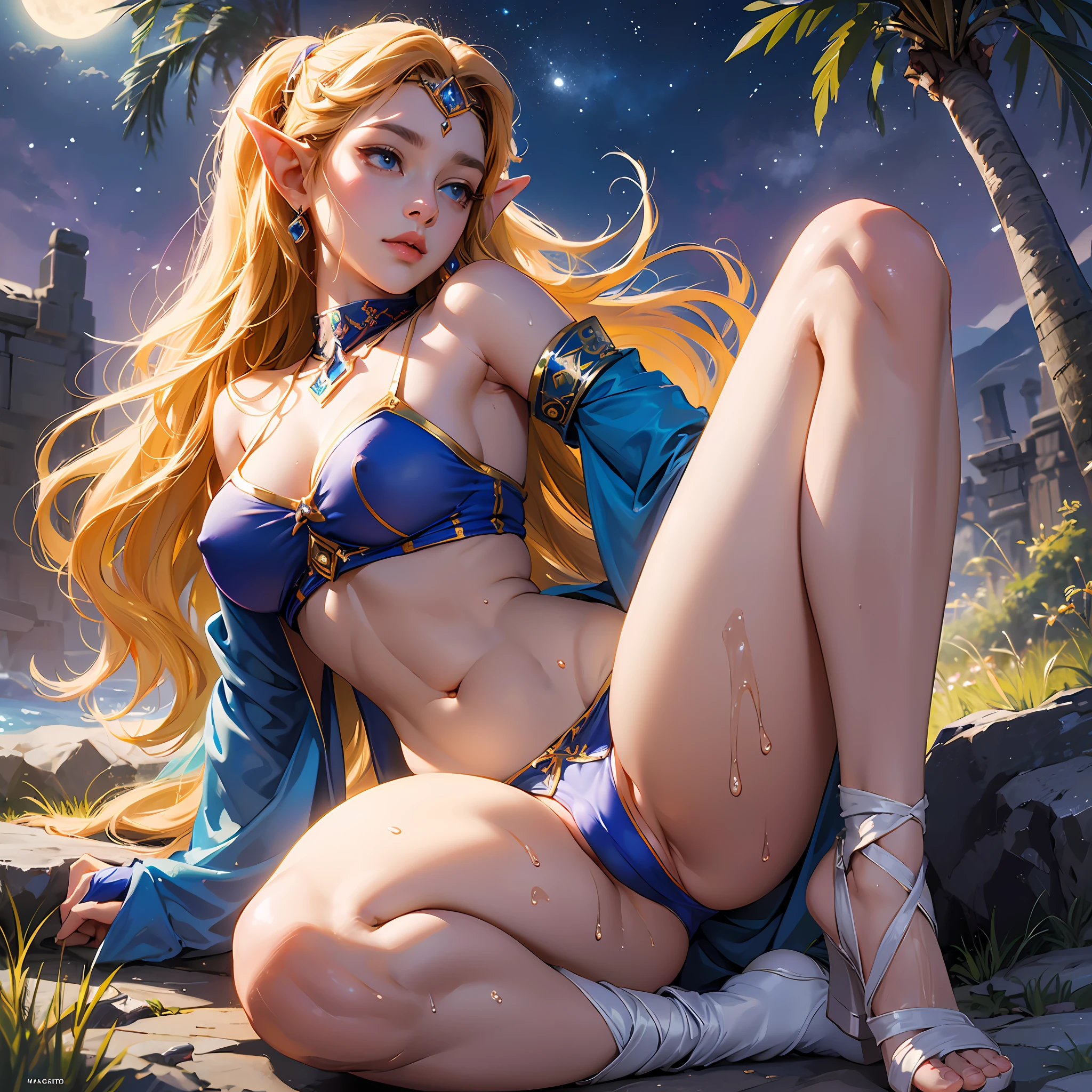 (Detailed description) (Best quality) (Ultra Realistic) (Masterpiece) (8K) (Full Body) Princess Zelda, bikini, moon in background, outdoors, detailed skin, soft lighting, sample crotch, at night, legs open, big ass, big breasts, see through clothing, NSFW, wet crotch --auto --s2