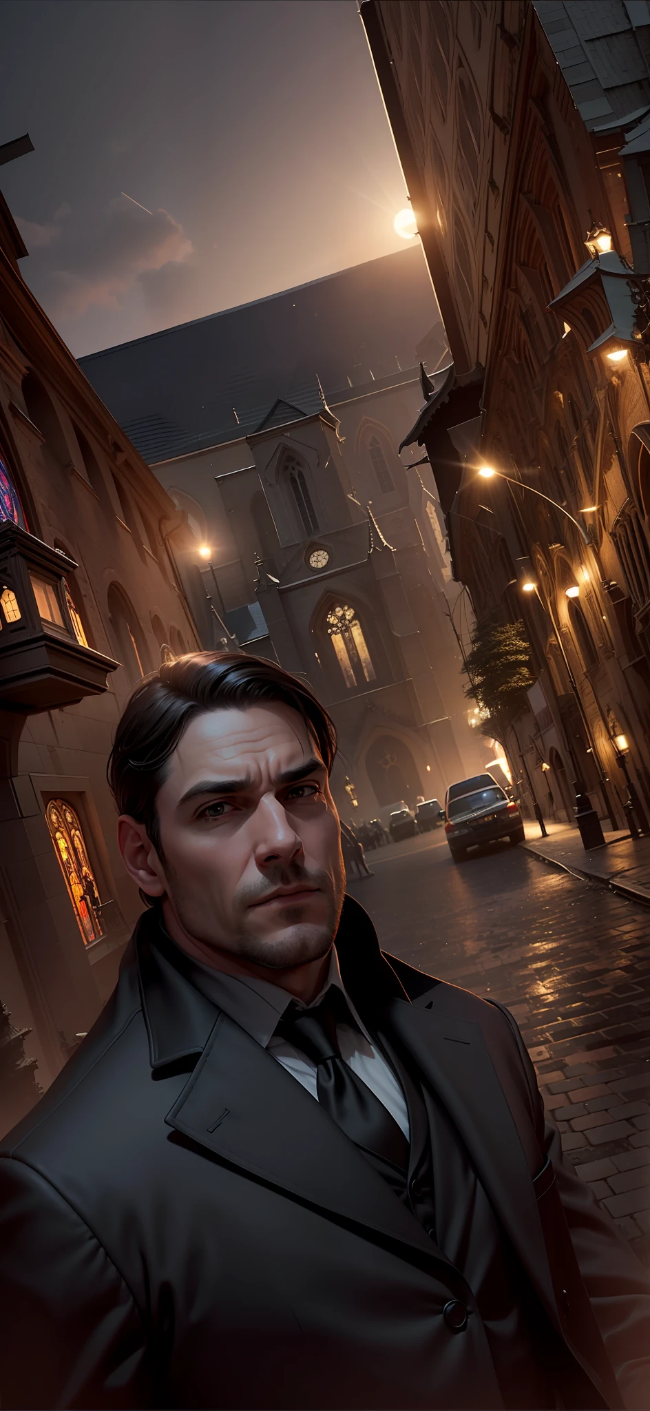 Use the man's face in the image and insert a night background, the person will stand in front of a sinister gothic church, realistic high quality of man, do not change man's face, man in profile, insert body to the main model, demons and vampires on top of the church towers