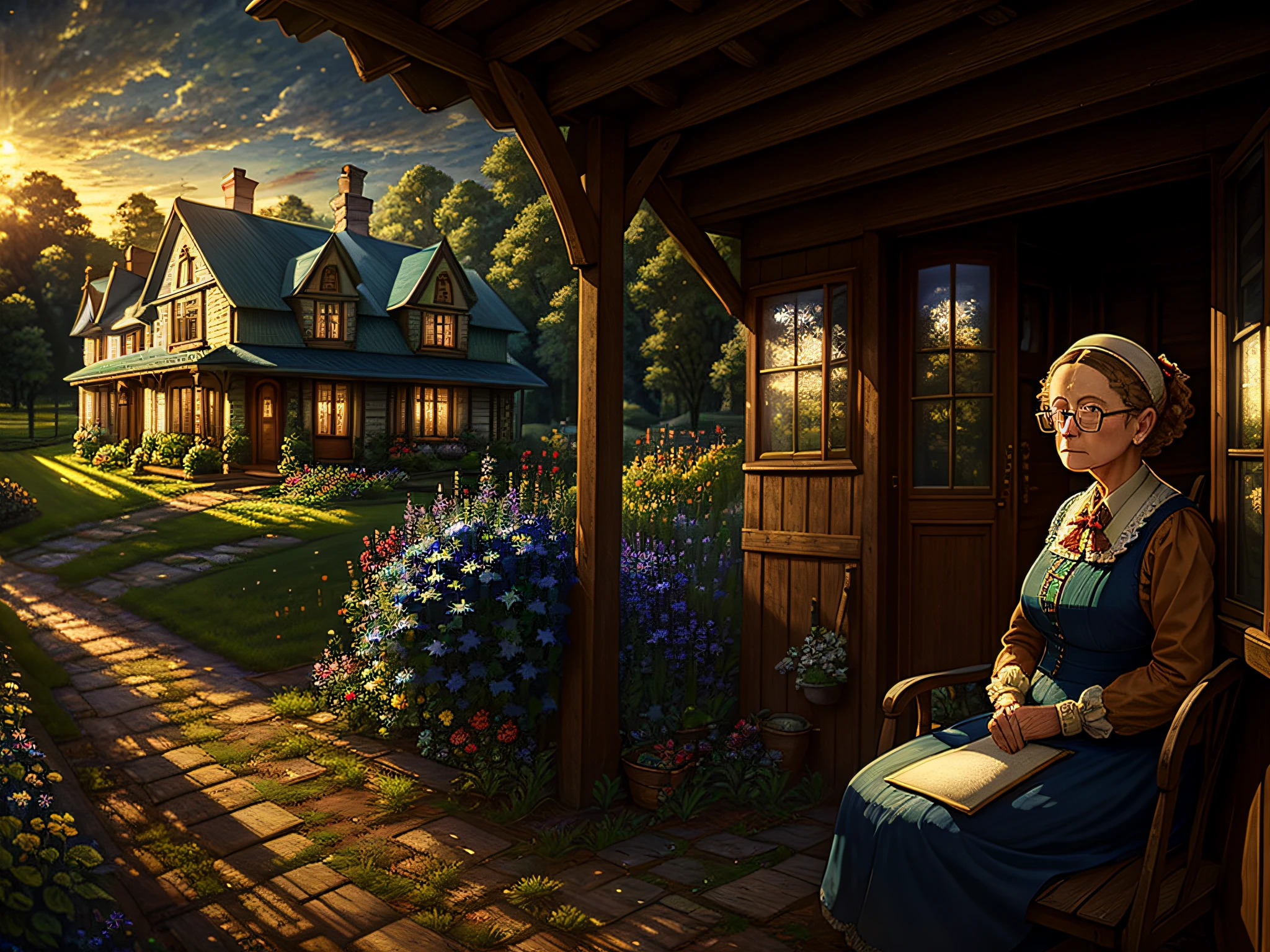 "(((Masterpiece))), better quality, nostalgic scene detailed country house, grandmother with glasses, alone, outdoors, near the house watching the train arrive, low light, ultra-detailed details."