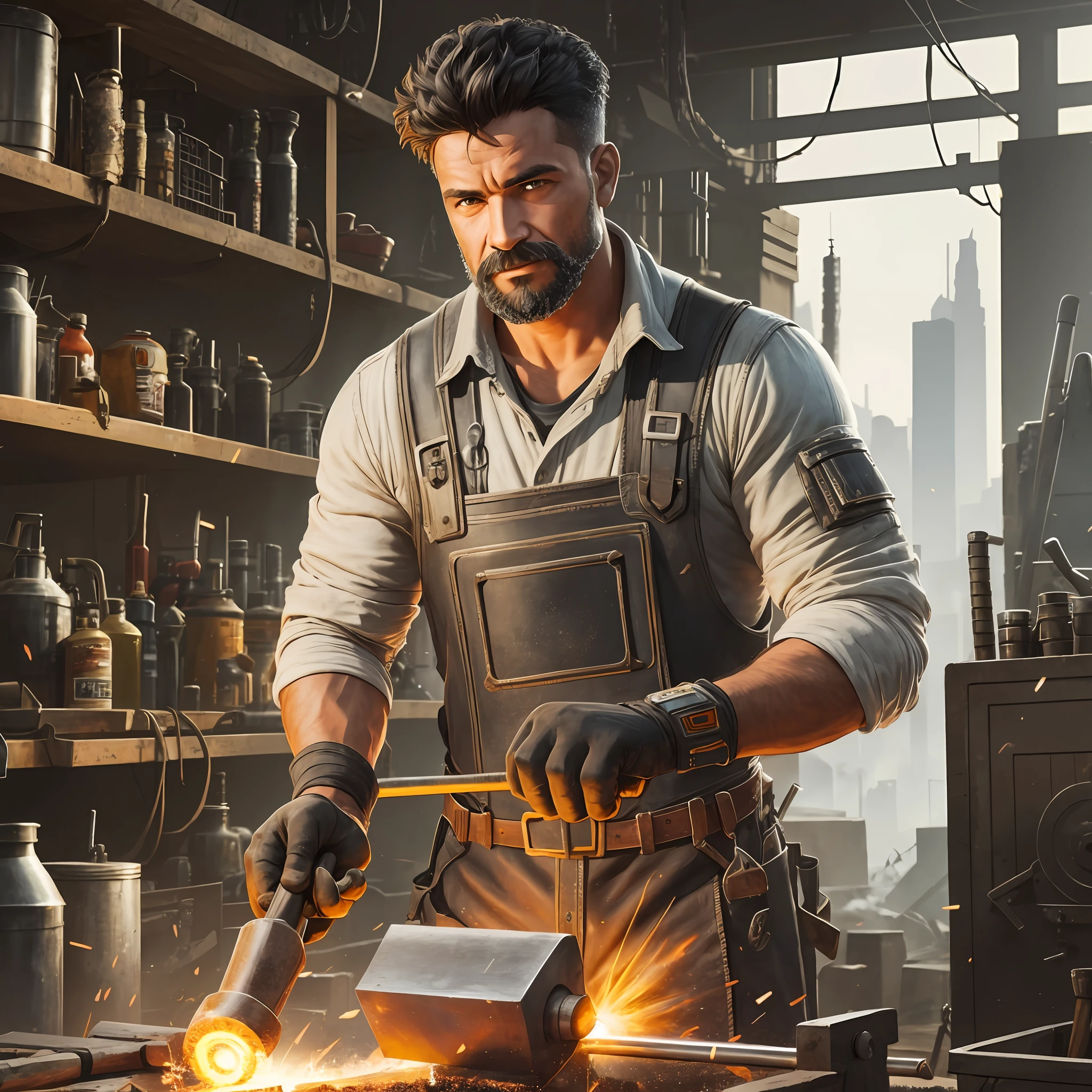 A man who appears to be a technological blacksmith, with a hammer in his hand, blacksmith, Cyberpunk, 8k, super detail --auto --s2