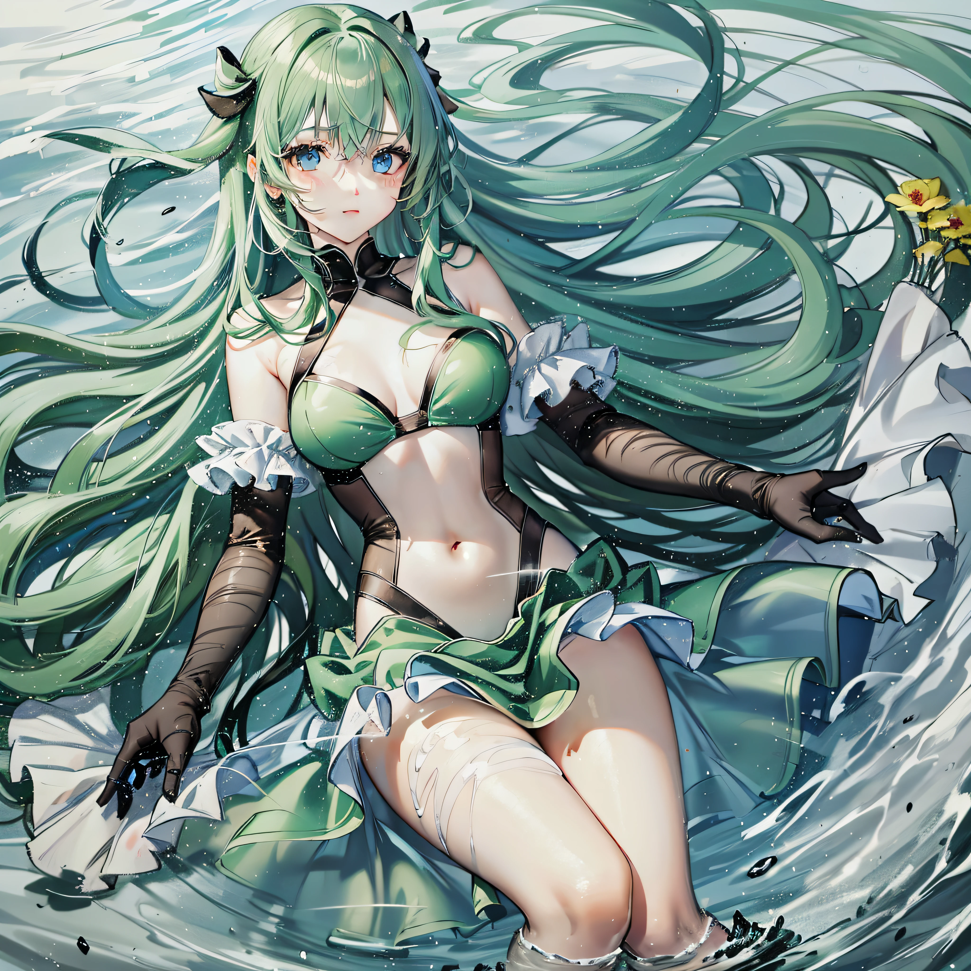 Anime girl with long green hair and blue eyes, wearing transparent tulle, full body, panorama, swimming in the water