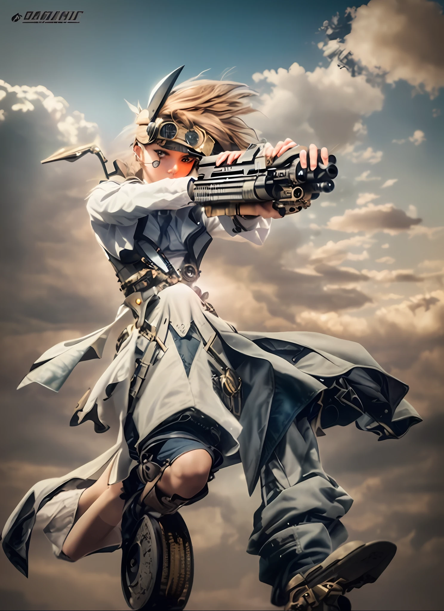a close up of a person holding a gun in the air, steampunk fantasy style, steampunk beautiful anime woman, mystical post apocalyptic cyborg, steampunk warrior, steampunk fantasy, steampunk fiction, mechanized valkyrie girl, dieselpunk soldier girl, western steampunk cyborg, steampunk girl, steampunk angel, a steampunk beautiful goddess, sci-fi steampunk, steampunk cyberpunk, young girl in steampunk clothes