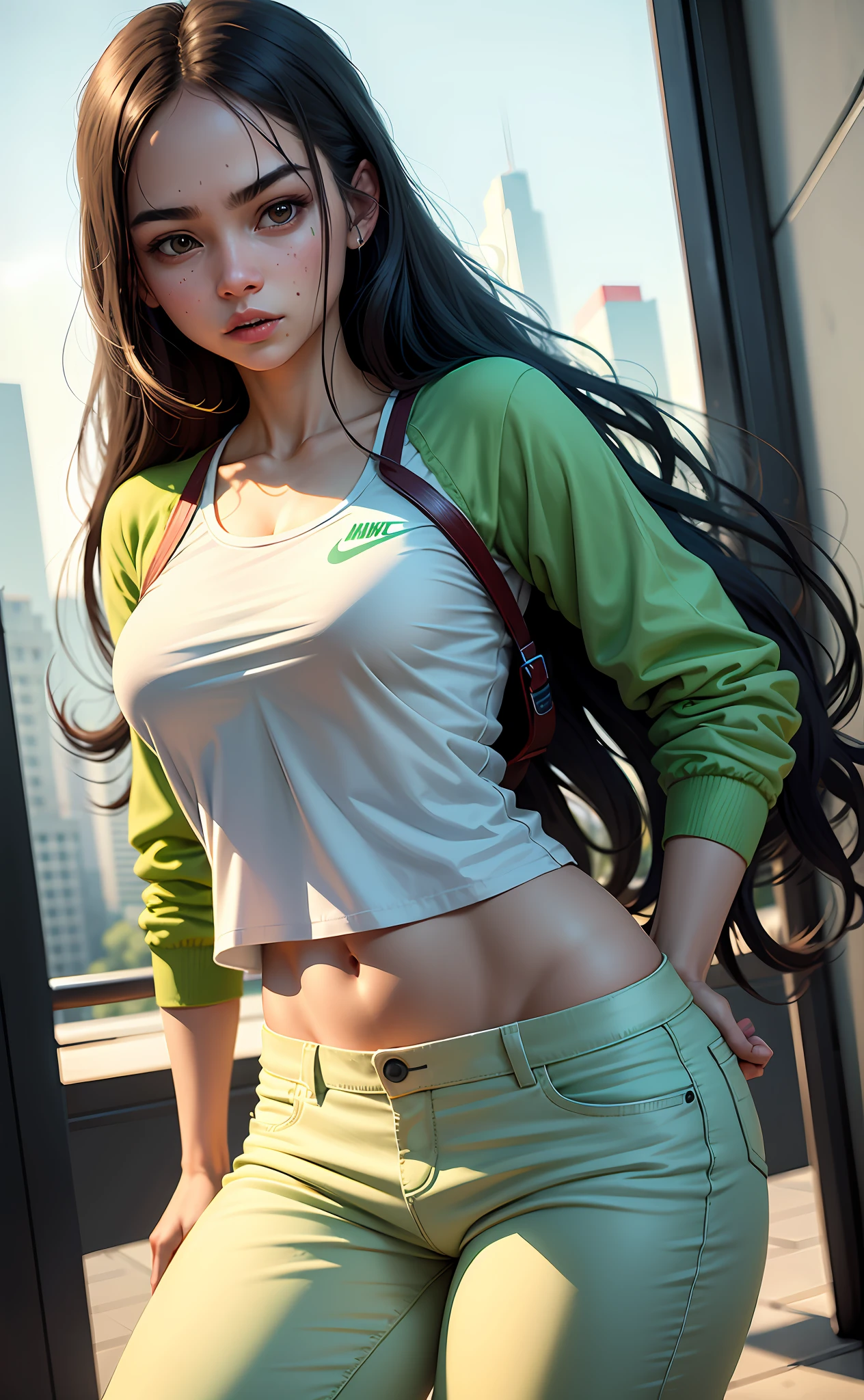 1girl, she wearing white shirt and green pants, casual clothes, wearing green nike shoes, 22 years old, scary face, adult face, 4k style, realistic, crowded, green long hair