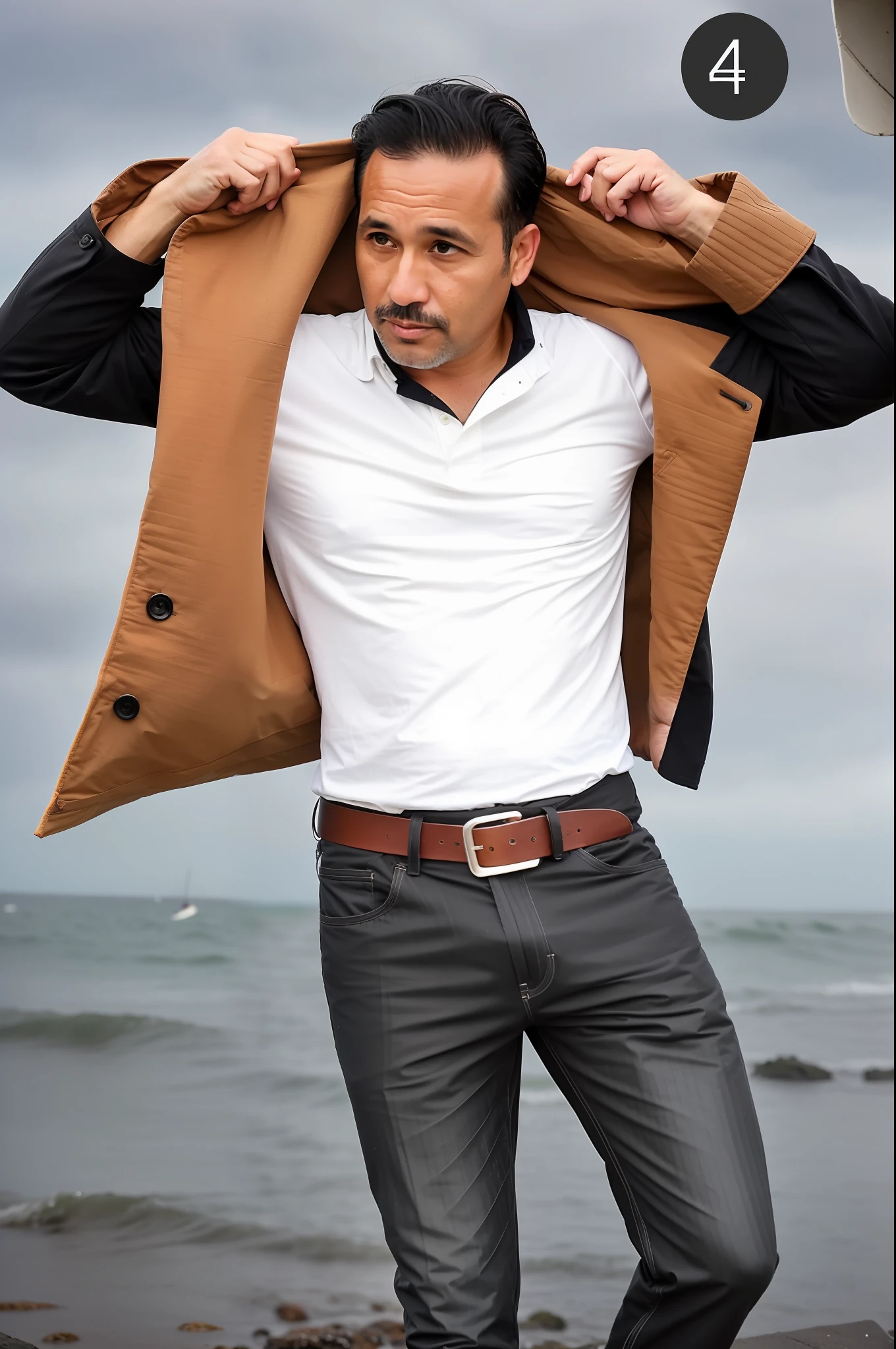colored photo of 42 years old man in black clothes,  half bald, half body, body, high detailed skin, skin pores, coastline, overcast weather, wind, waves, 8k uhd, dslr, soft lighting, high quality, film grain, Fujifilm XT3