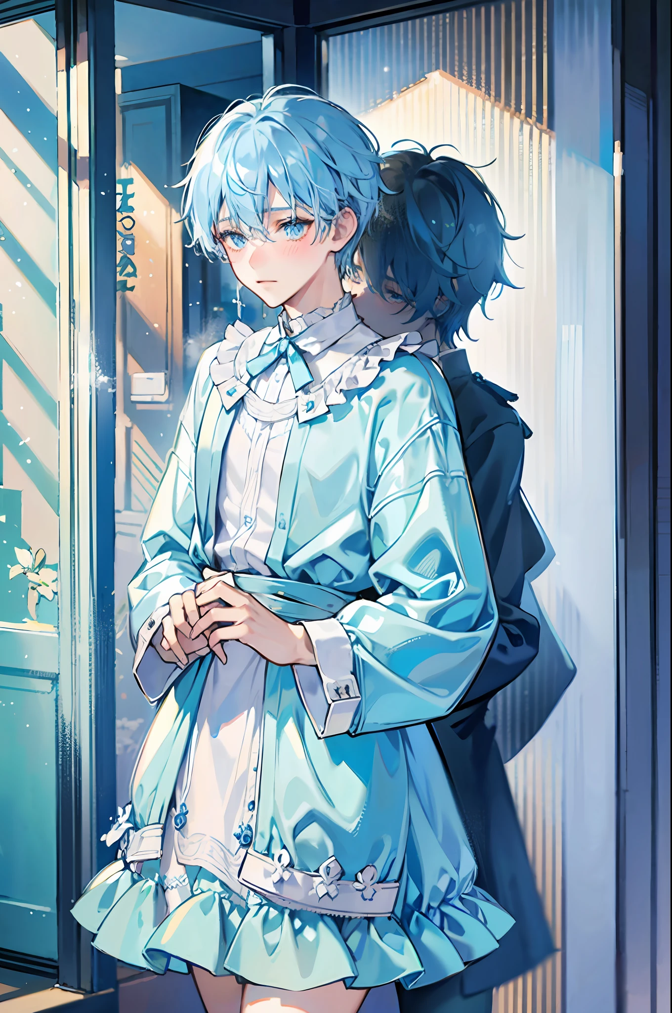 1 boy, young, delicate and feminine, light blue hair and eyes, wearing modern baggy clothes, blushing, shy look
